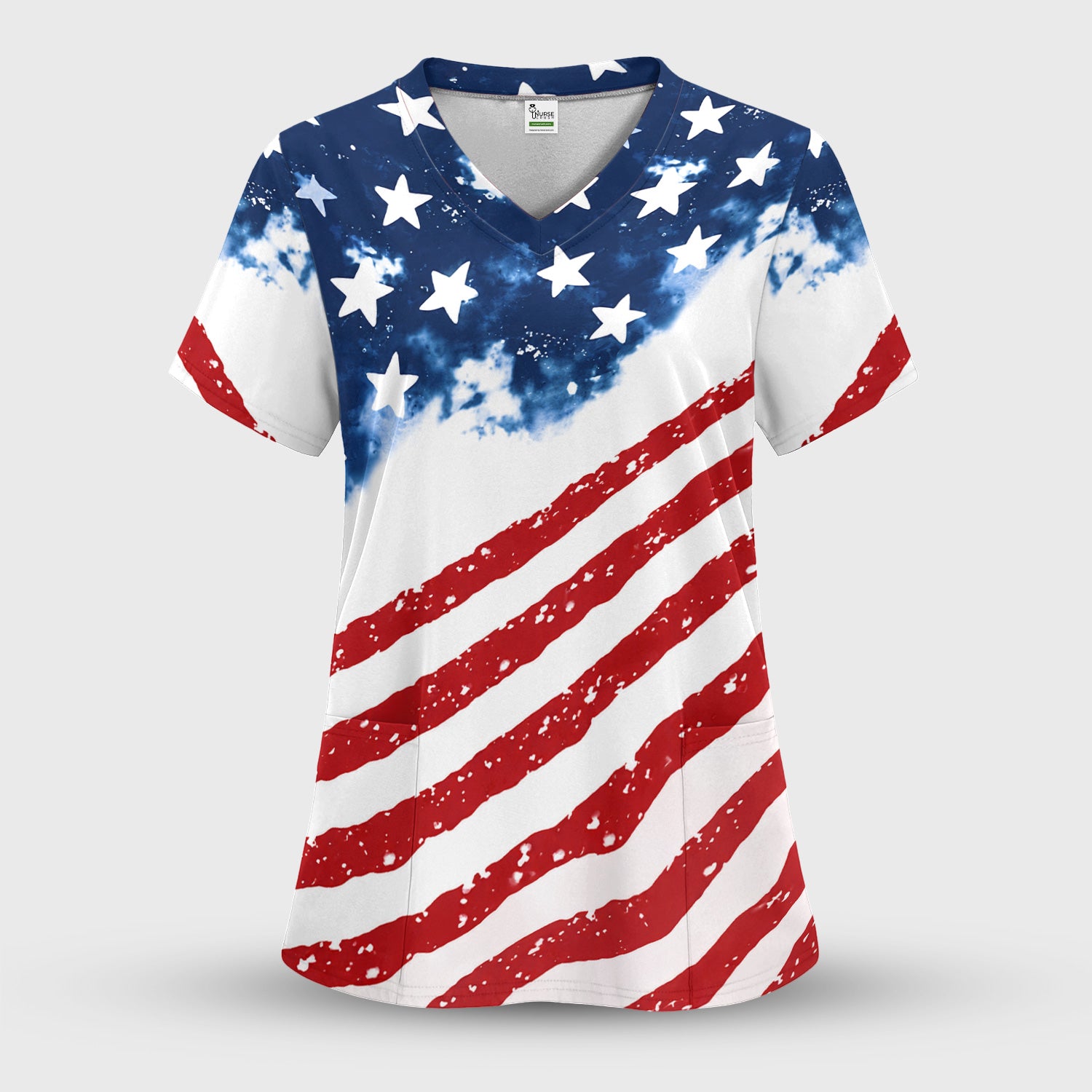 USA Stars And Stripes Pattern Scrub Set, Scrub Pants and V Neck Top