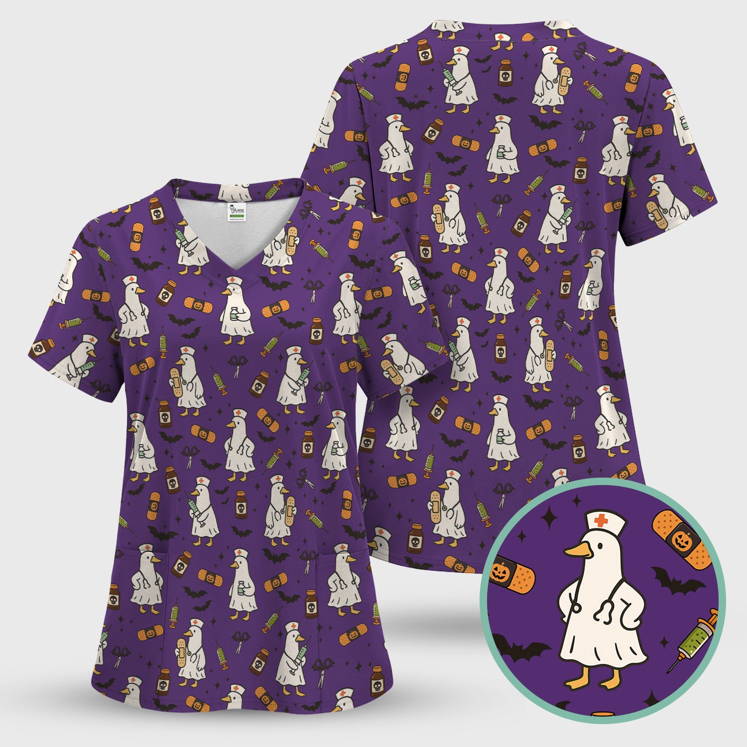 Goose Halloween Nurse Scrub Set - Quirky Duck Medical Pattern - Funny Spooky Nursing Outfit Gift for Women RN LPN CNA