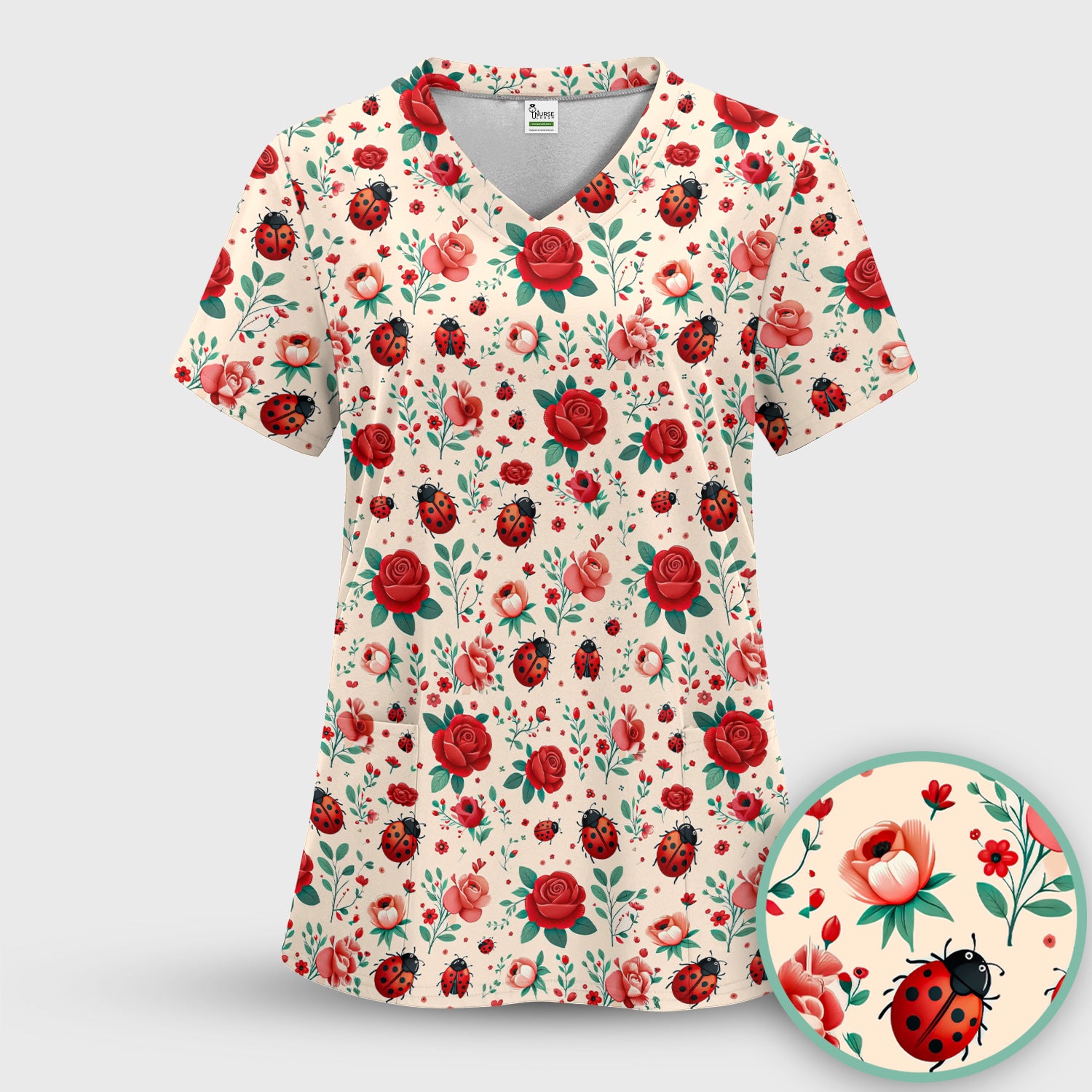 Cute Ladybug Red Rose Floral Pattern Scrub Top, Breathable Fabrics Nursing Uniform