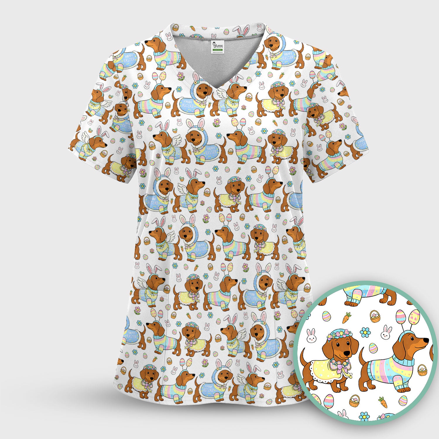 Easter Dachshund Bunny Print Scrub Top, Breathable Fabrics Nursing Uniform