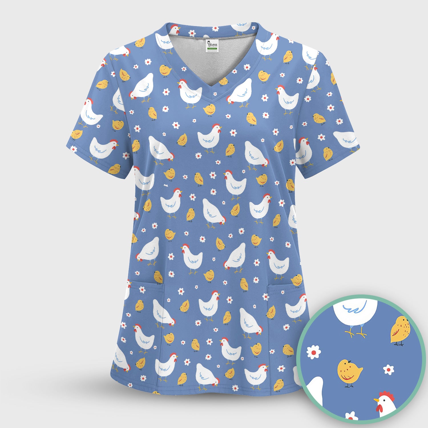 Chicken And Cute Chicks Pattern Scrubs Top, Comfortable Scrubs for Nurses
