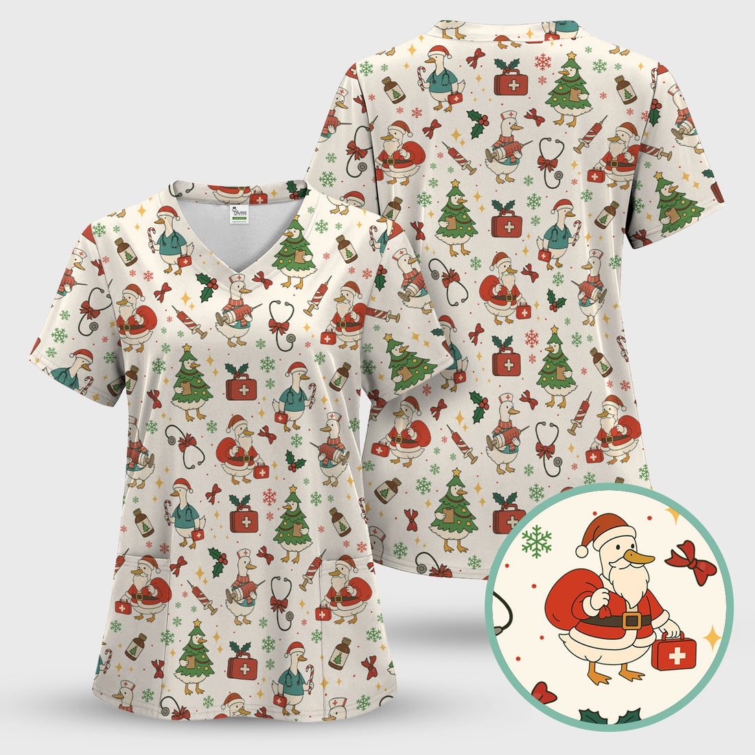 Funny Christmas Duck Nurse Scrub Top - Cute Santa Pattern Holiday Shirt for Women - Festive Nursing Outfit Gift for RN LPN CNA