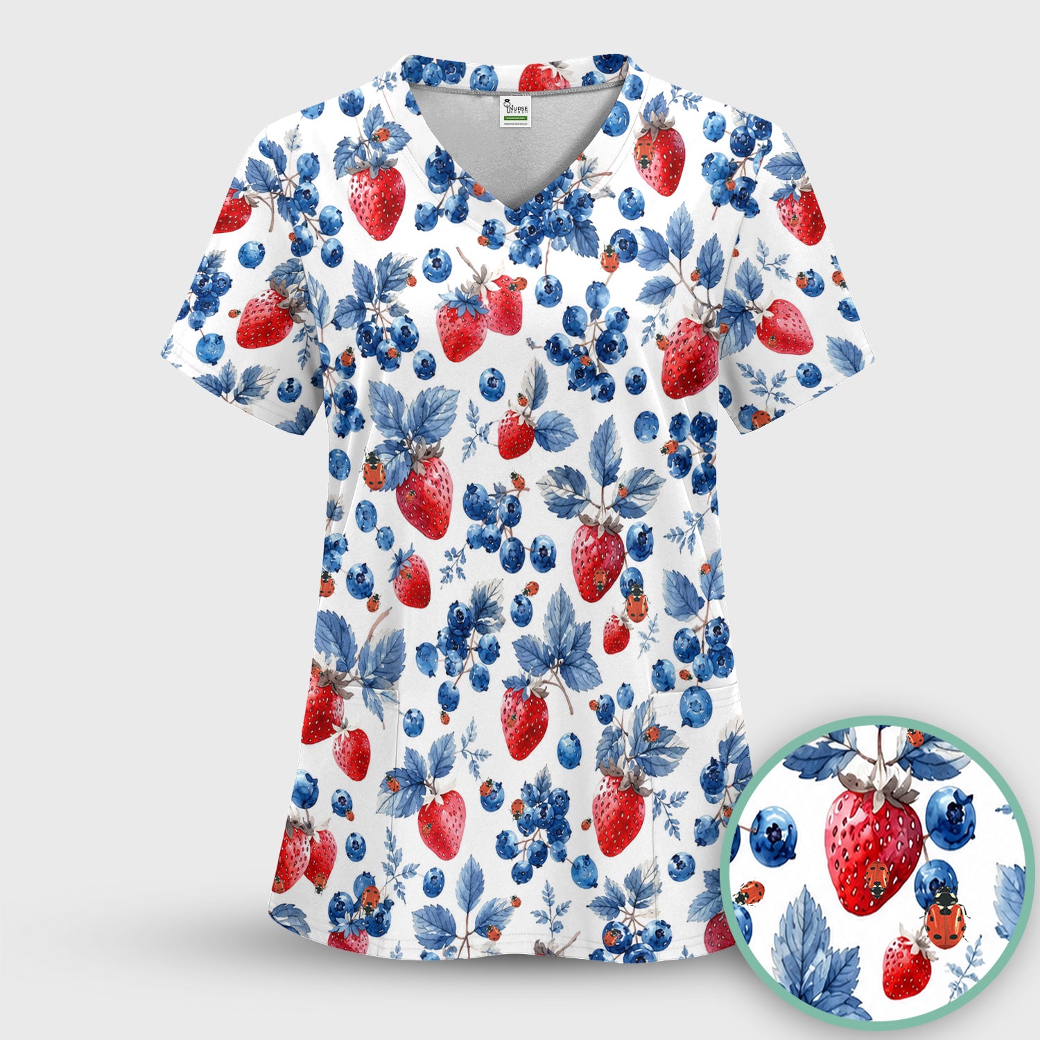 Cute Strawberry Blueberry Ladybug Pattern Scrub Top, Comfortable Scrubs for Nurses