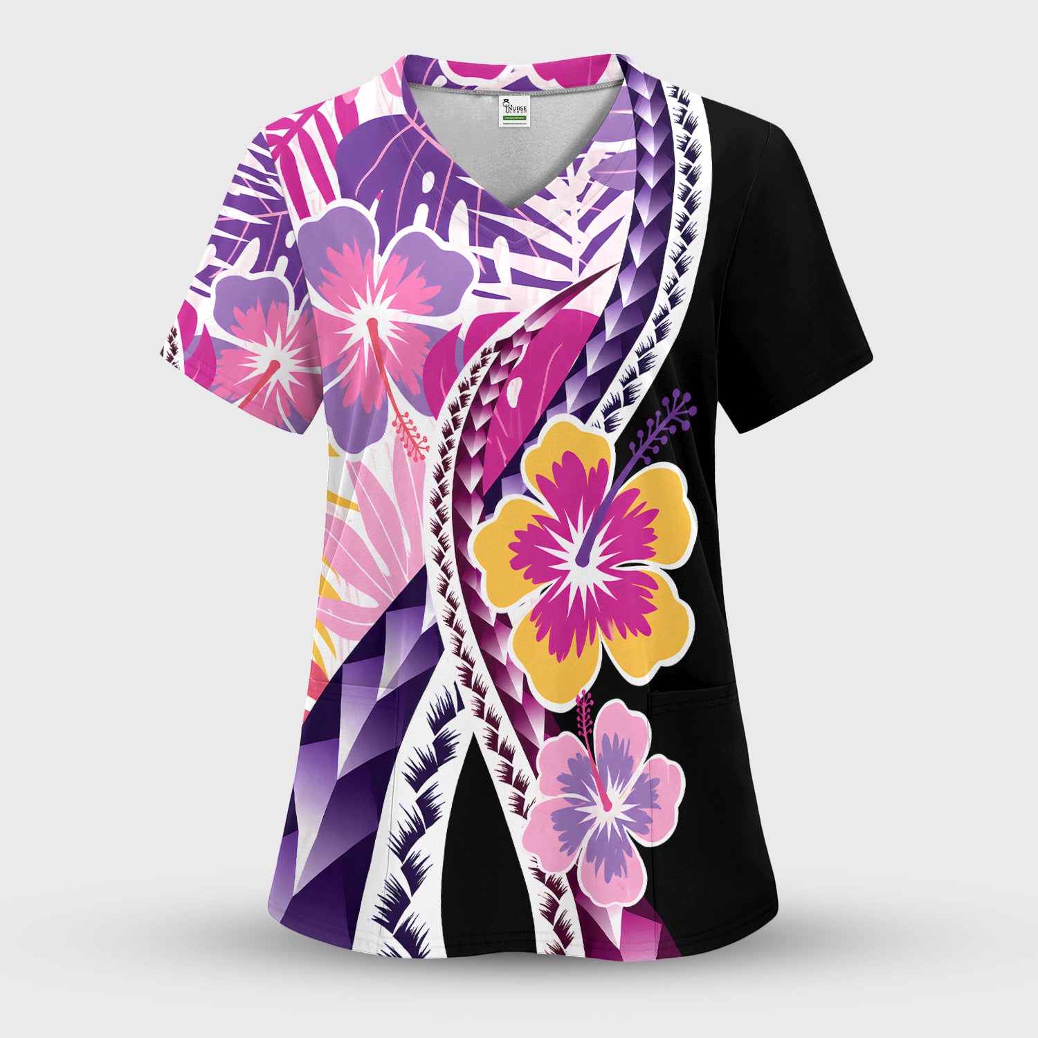 Nurse Tropical Hibiscus Leaf Pattern Scrub Set, Scrub Pants and V Neck Top