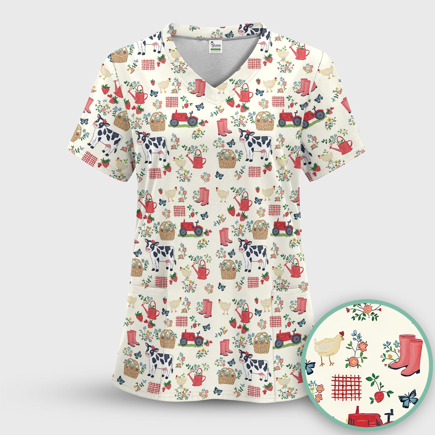 Cute Cow Chicken Farm Pattern Scrub Top, Breathable Fabrics Nursing Uniform