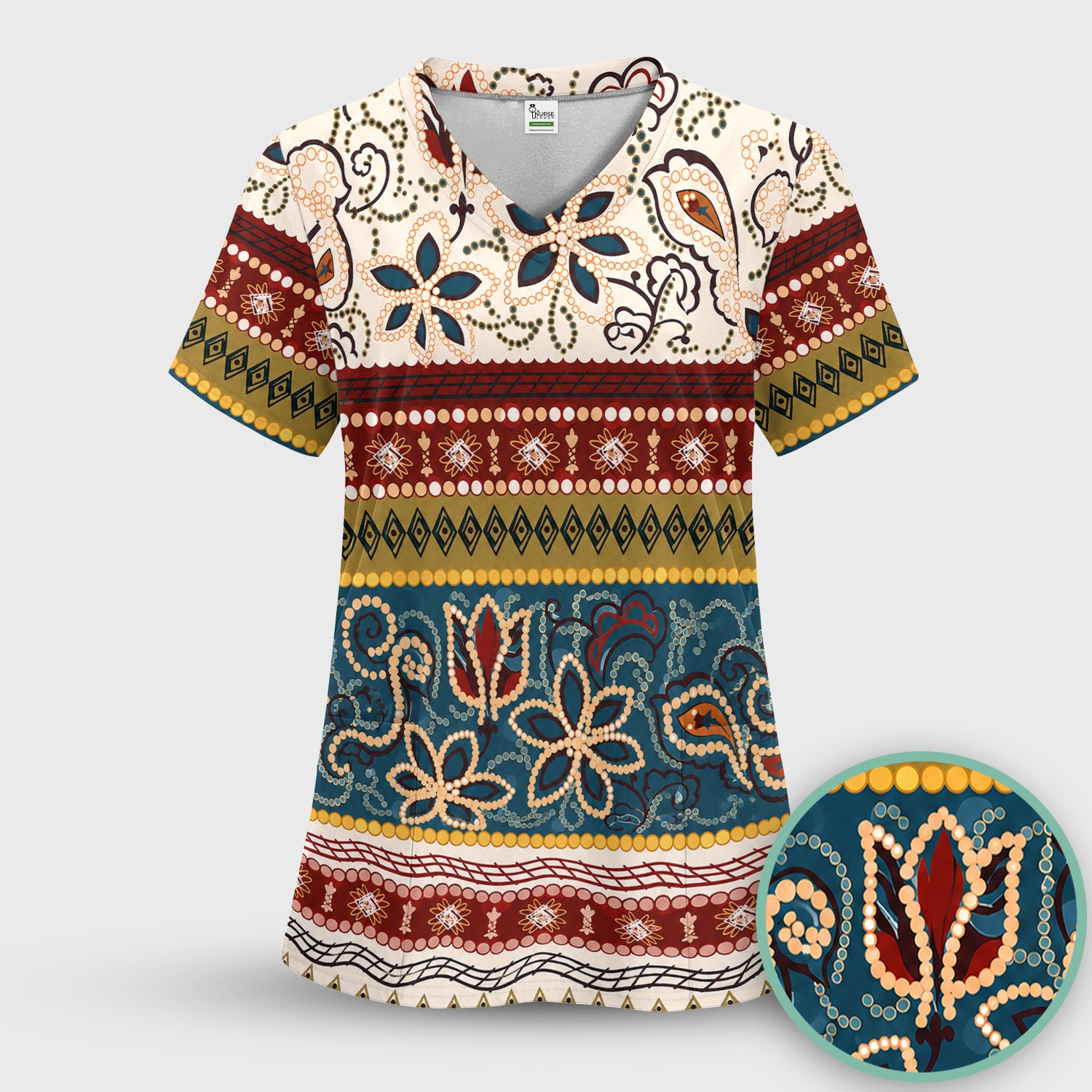 Boho Paisley Floral Stripe Pattern Scrub Top, Comfortable Scrubs for Nurses