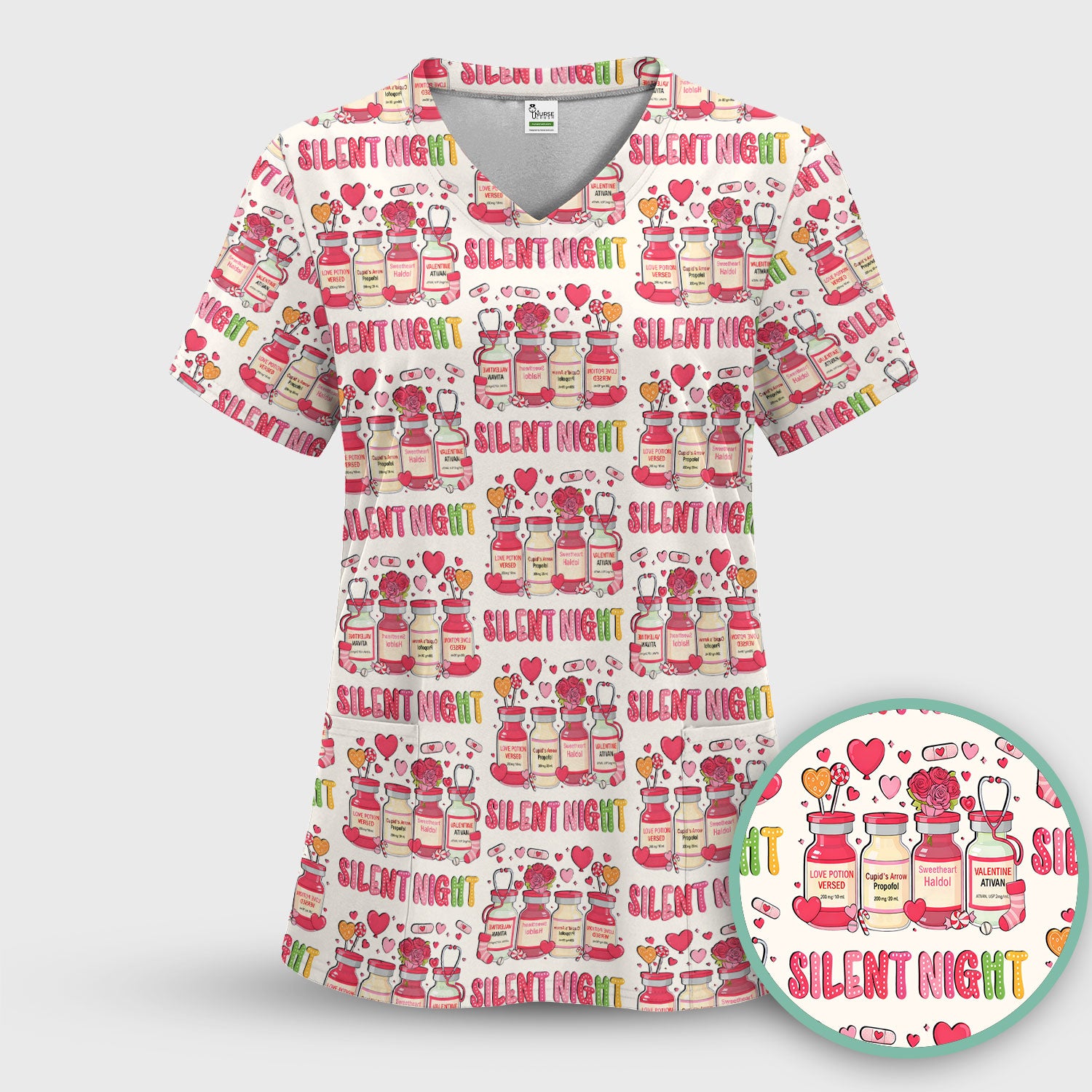 Valentine Silent Night Love Design Scrubs Set, Breathable Med Uniform