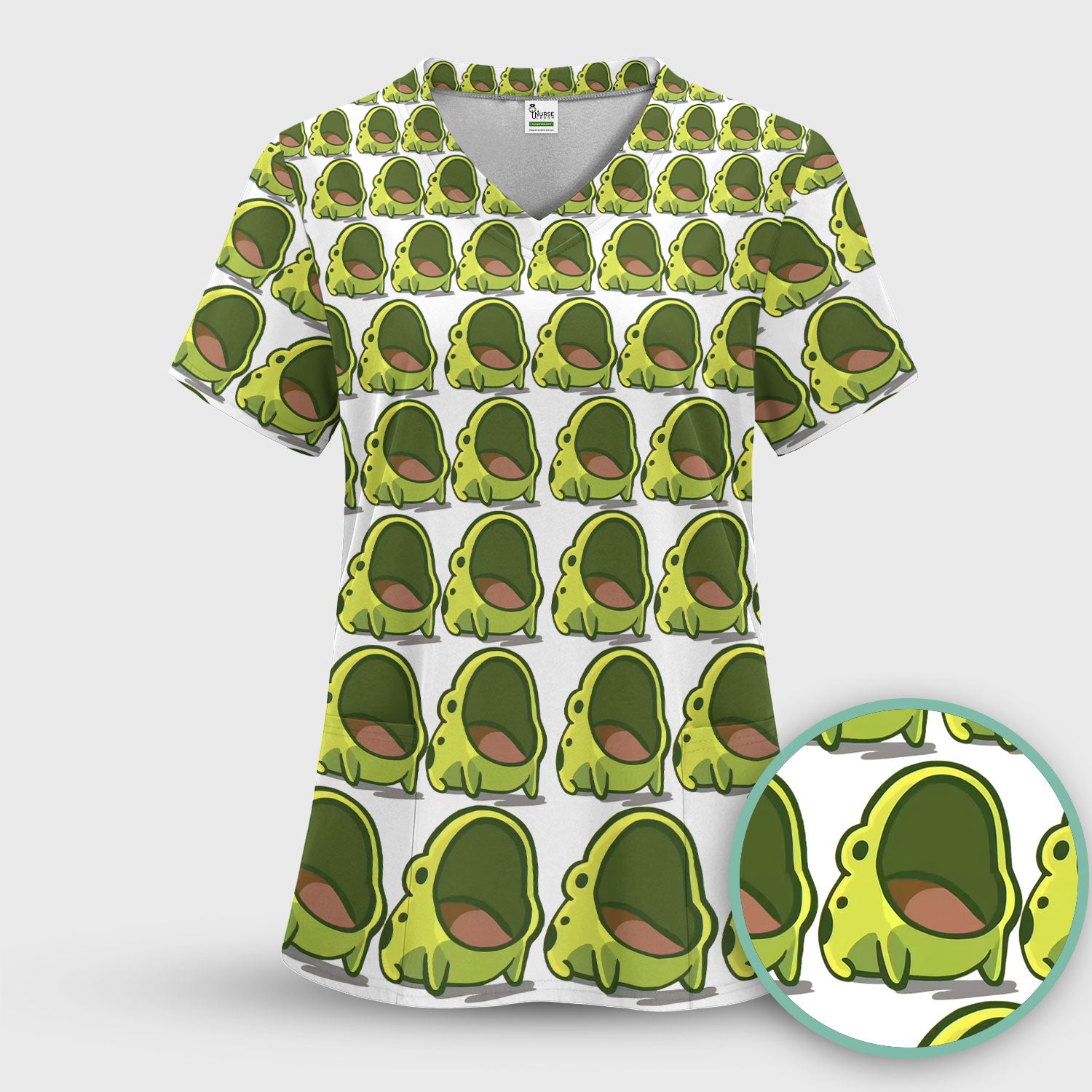 Cute Green Frog Cartoon Pattern Scrub Top, Breathable Fabrics Nursing Uniform