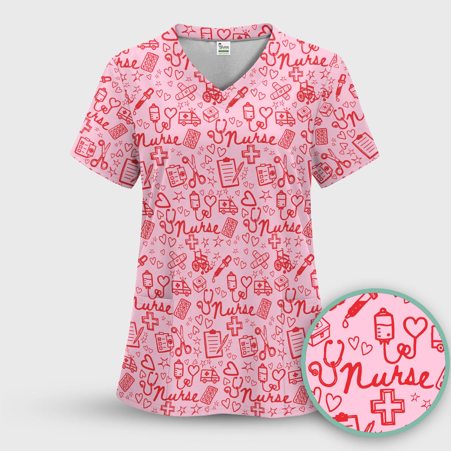 Cute Nurse Heart Medical Pattern Scrub Set, Breathable Med Uniform