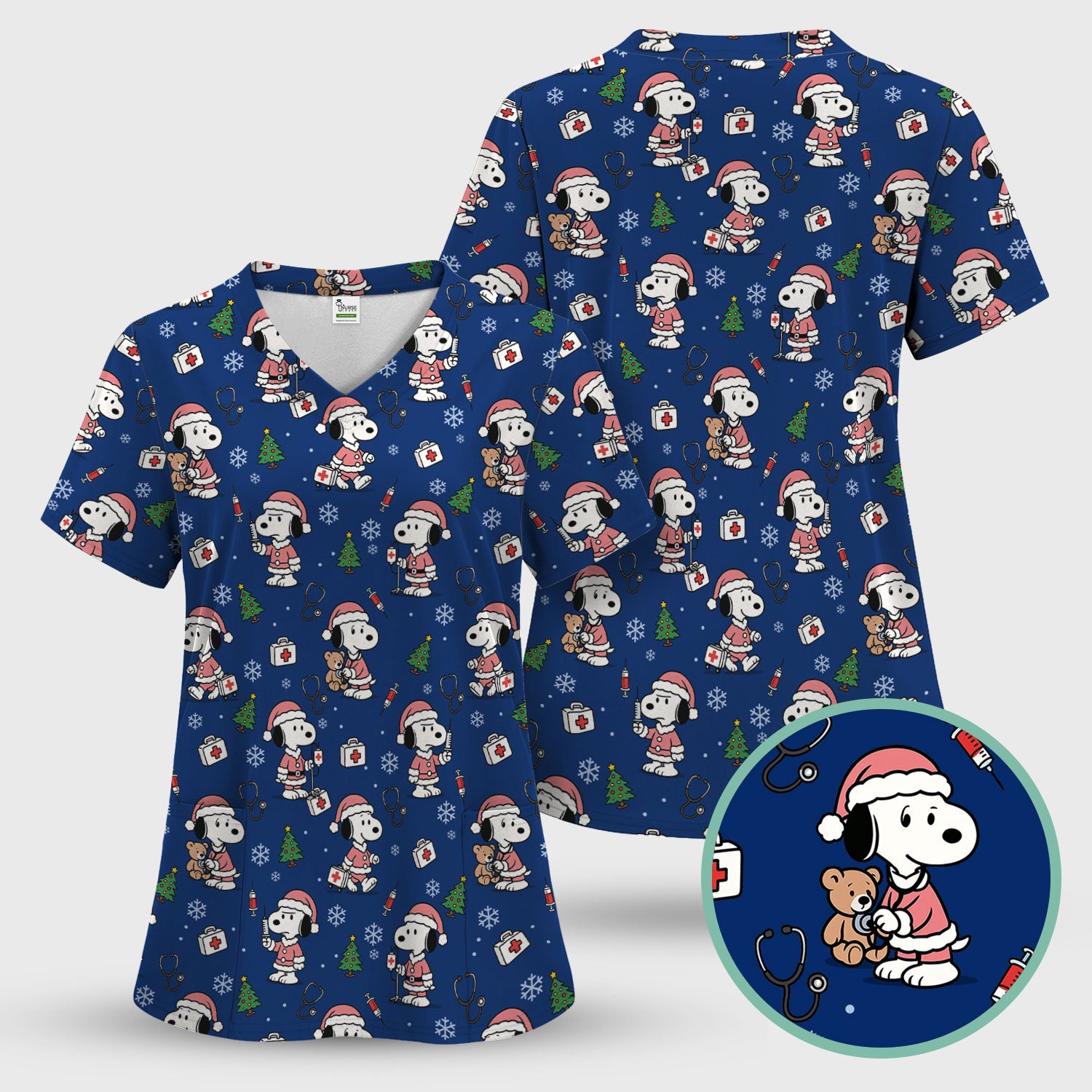 Snoopy Christmas Nurse Scrub Top for Women - Cute Cartoon Holiday Medical Uniform with Pockets - Nursing Gift for RN CNA LPN