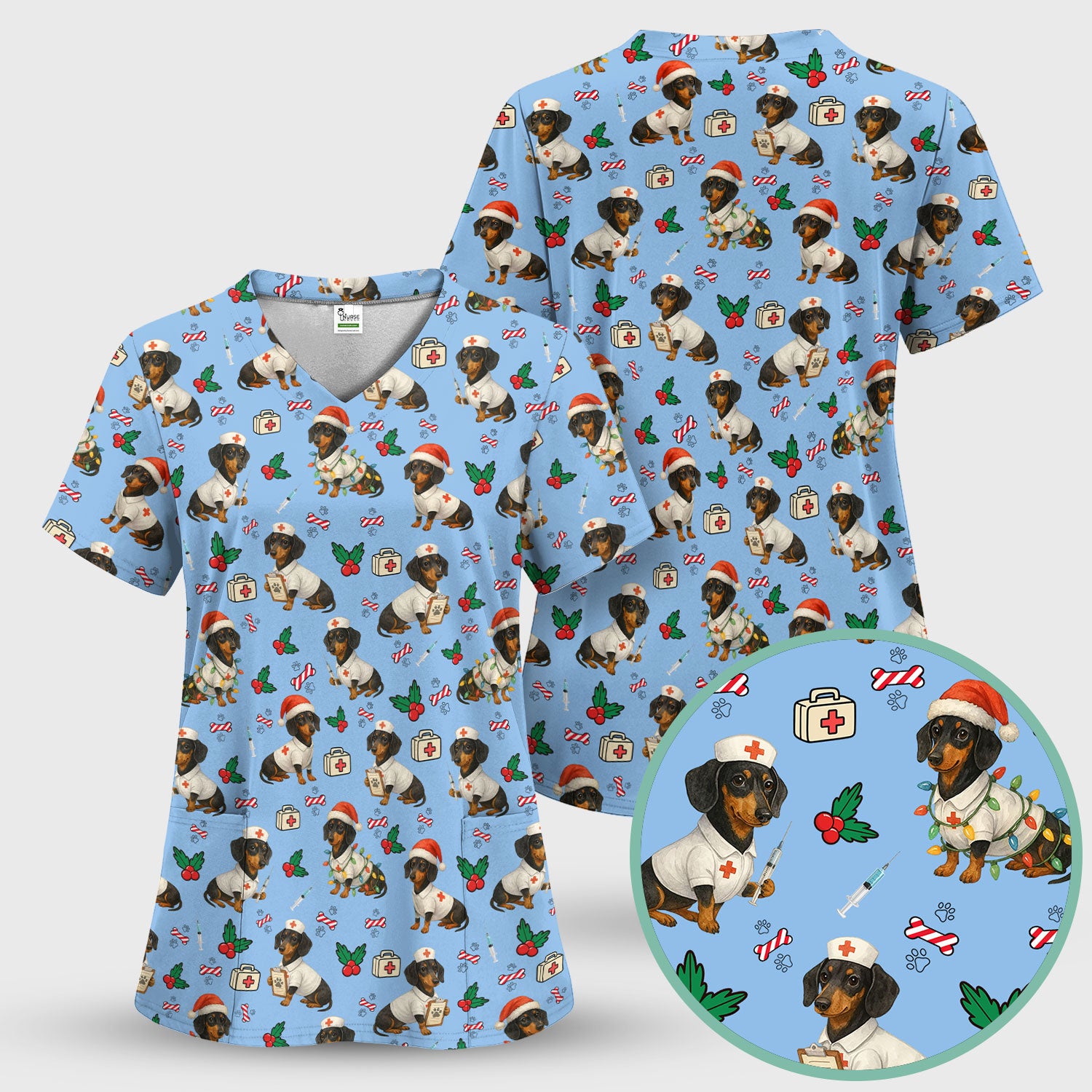 Dachshund Nurse Christmas Scrub Shirt - Cute Sausage Dog Scrub Top Multi Colors - Funny Holiday Nursing Workwear with Pockets