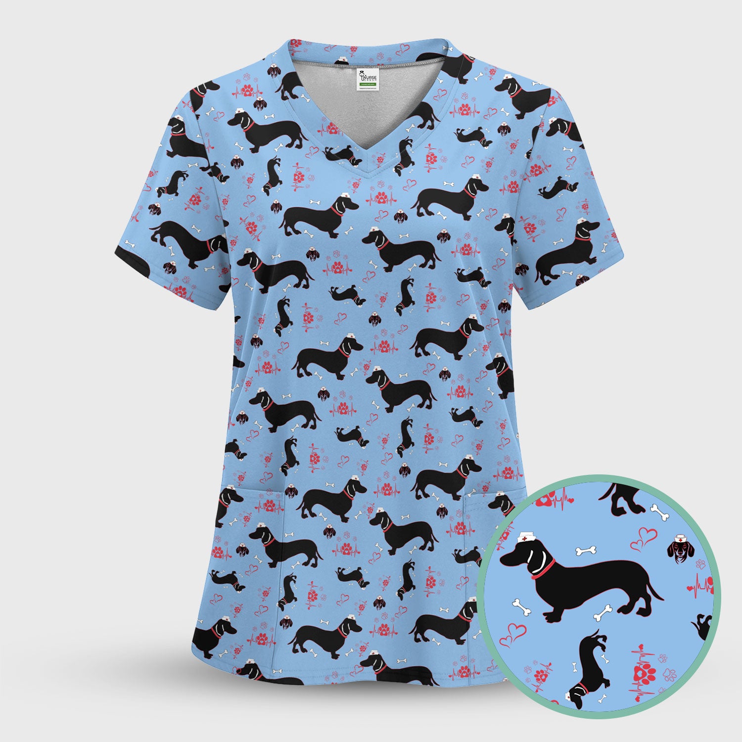 Funny Dachshund Print Scrub Shirt - Dog Lover Scrub Top Multi Color - Unique Nurse Gift for Women, Men, CNA, RN, Vet, Doctor