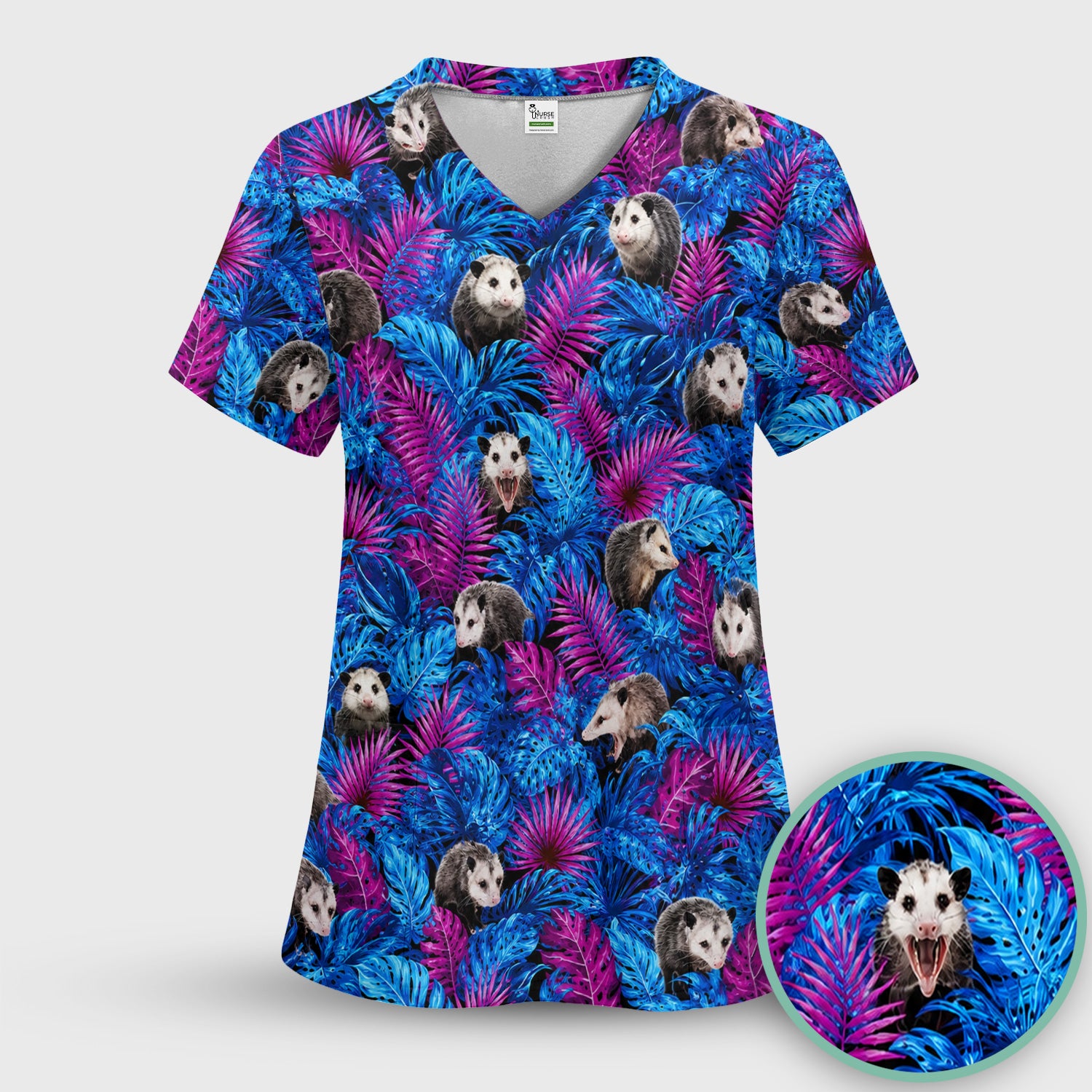 Cute Opossum Tropical Print Scrub Top, Comfortable Scrubs for Nurses