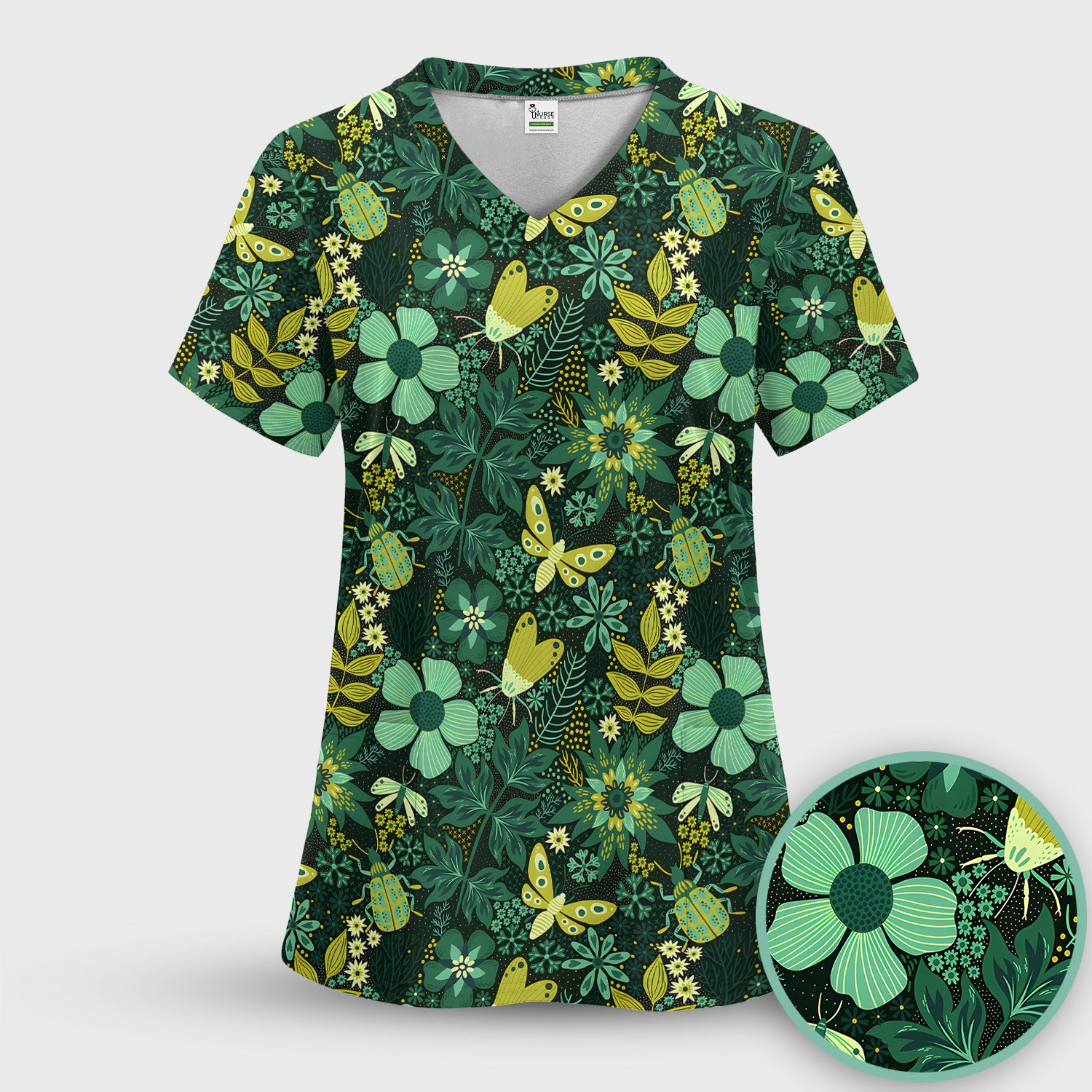 Green Botanical Butterfly Pattern Scrub Set, Scrub Pants and V Neck Top