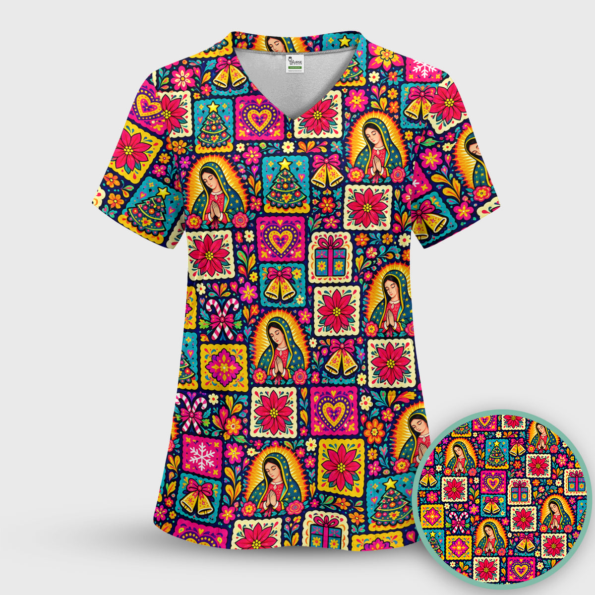 Our Lady of Guadalupe Christmas Folk Art Pattern Scrub Top, Comfortable Scrubs for Nurses