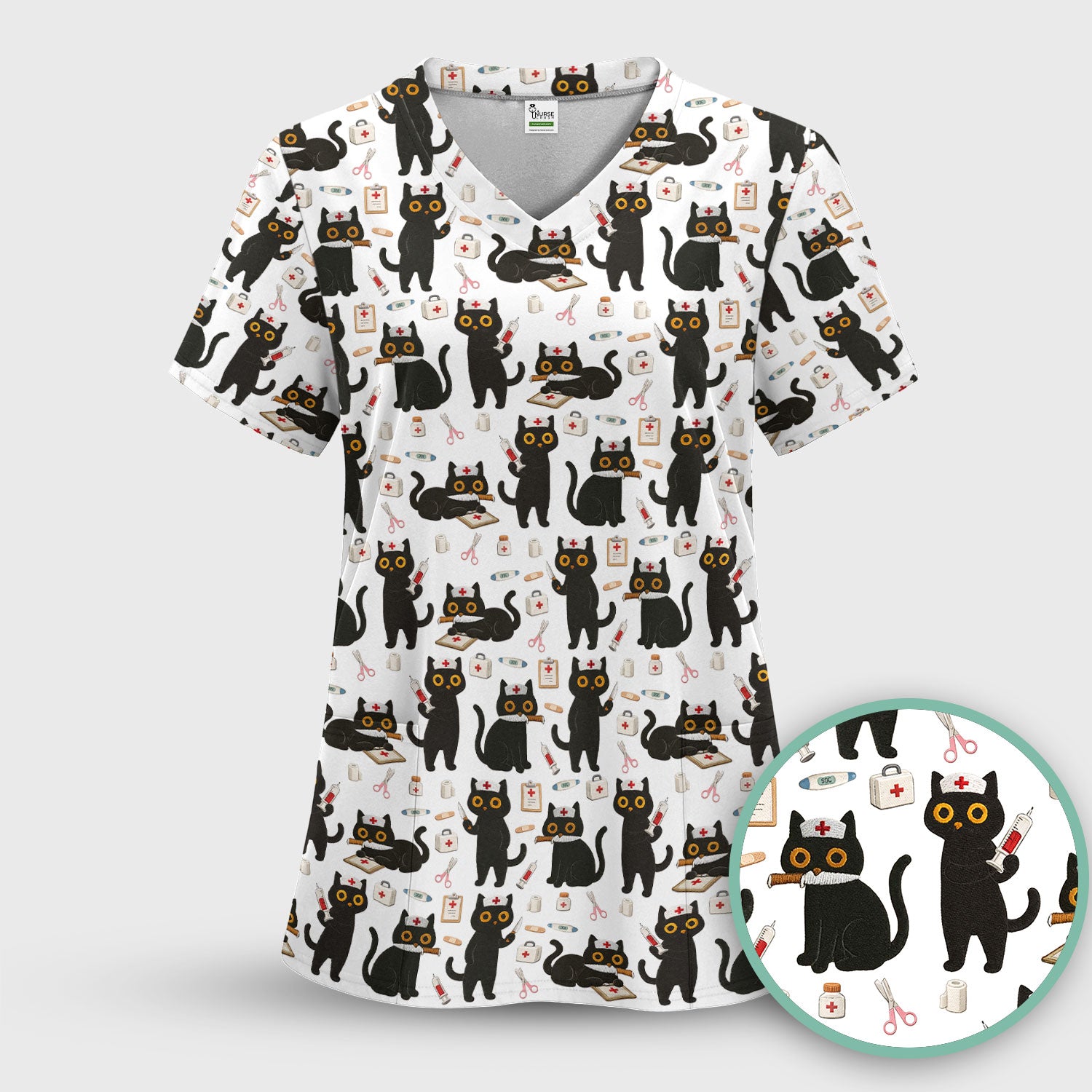 Cute Black Cat Nurse Pattern Women's Scrub Set, Breathable Med Uniform
