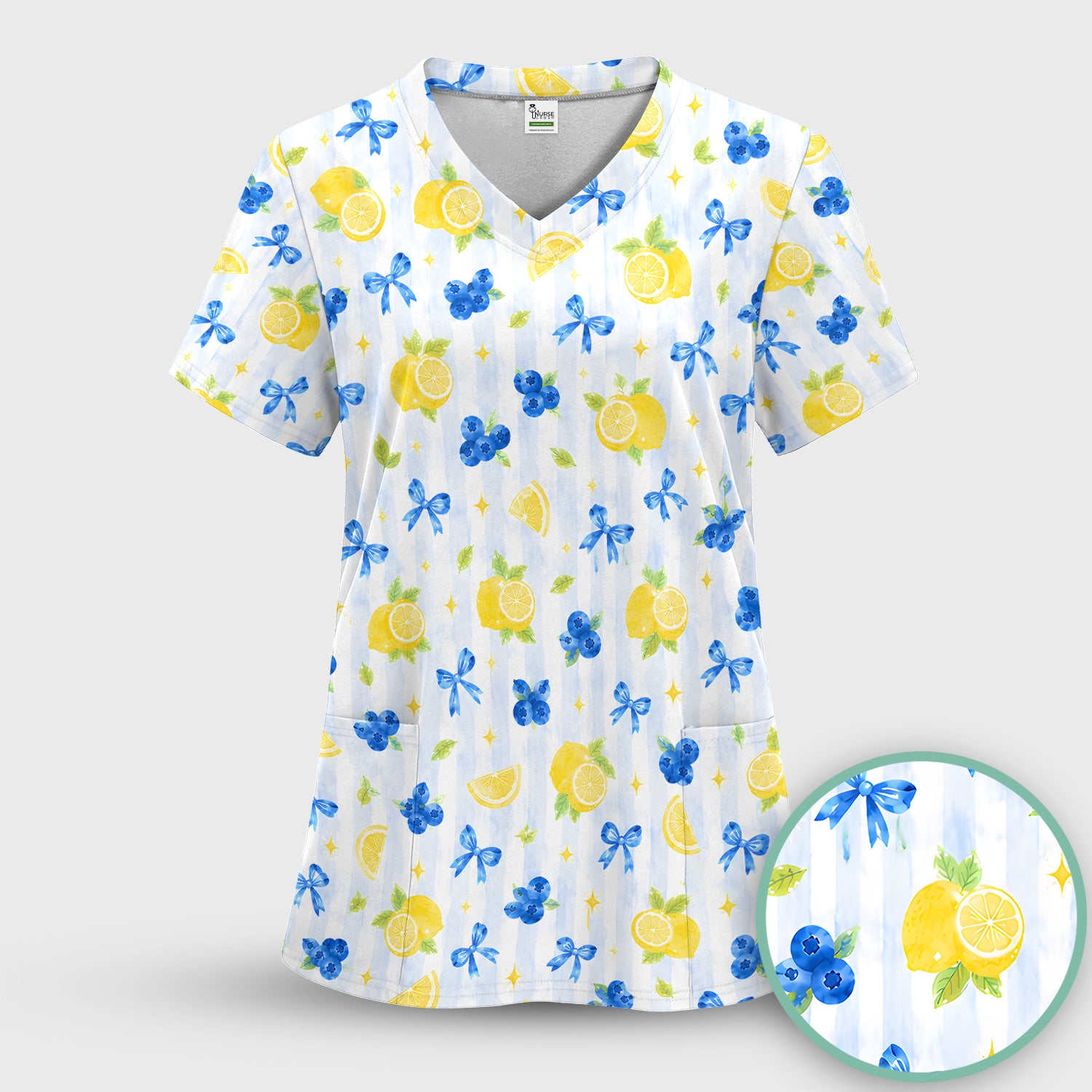 Lemon Blueberry Bow Nurse Print Scrub Set, Scrub Pants and V Neck Top