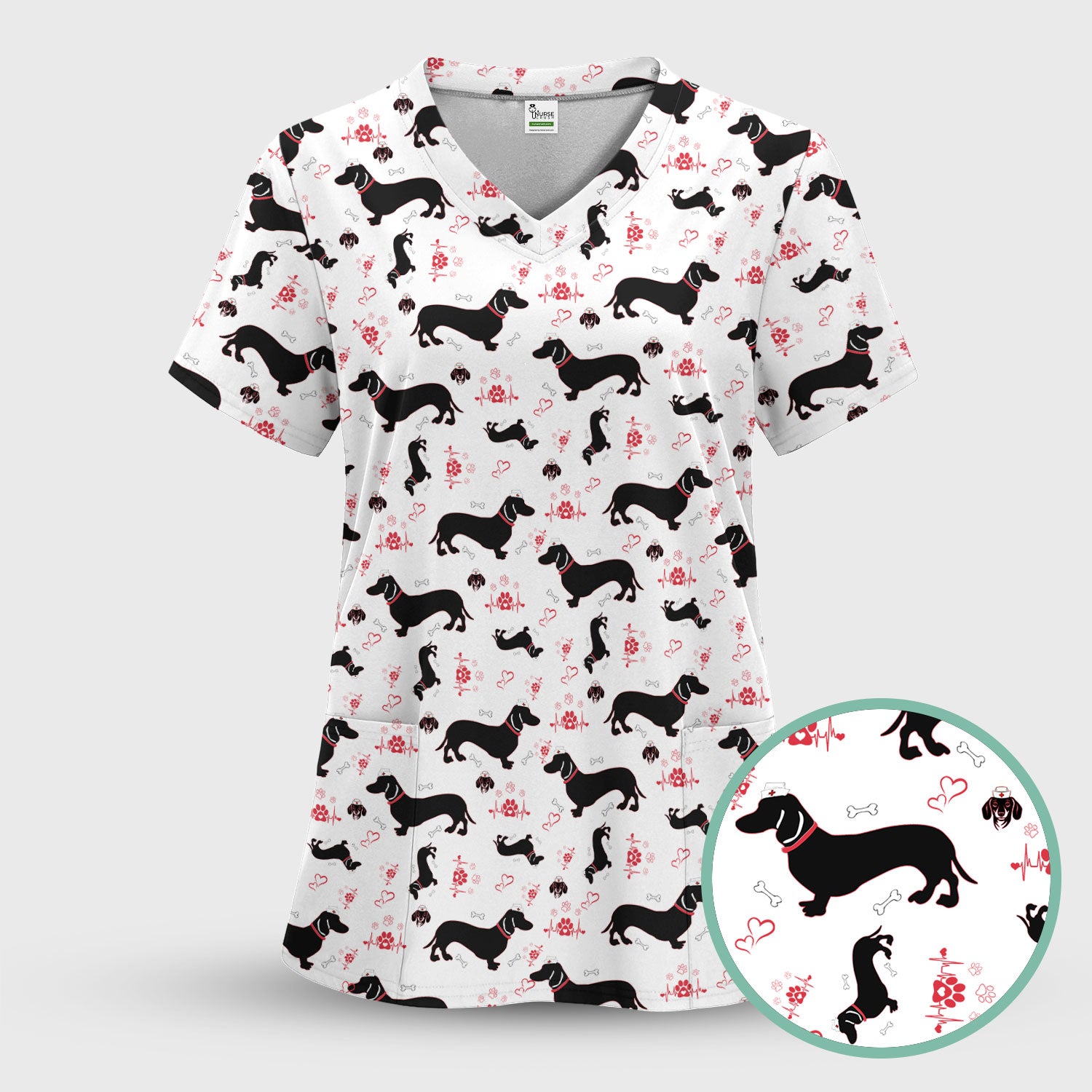 Dachshund Scrub Top - Cute Dog Print Scrubs for Women, Men Multi Color - Animal Scrub Shirt Gift for Nurse, CNA, RN, Doctor