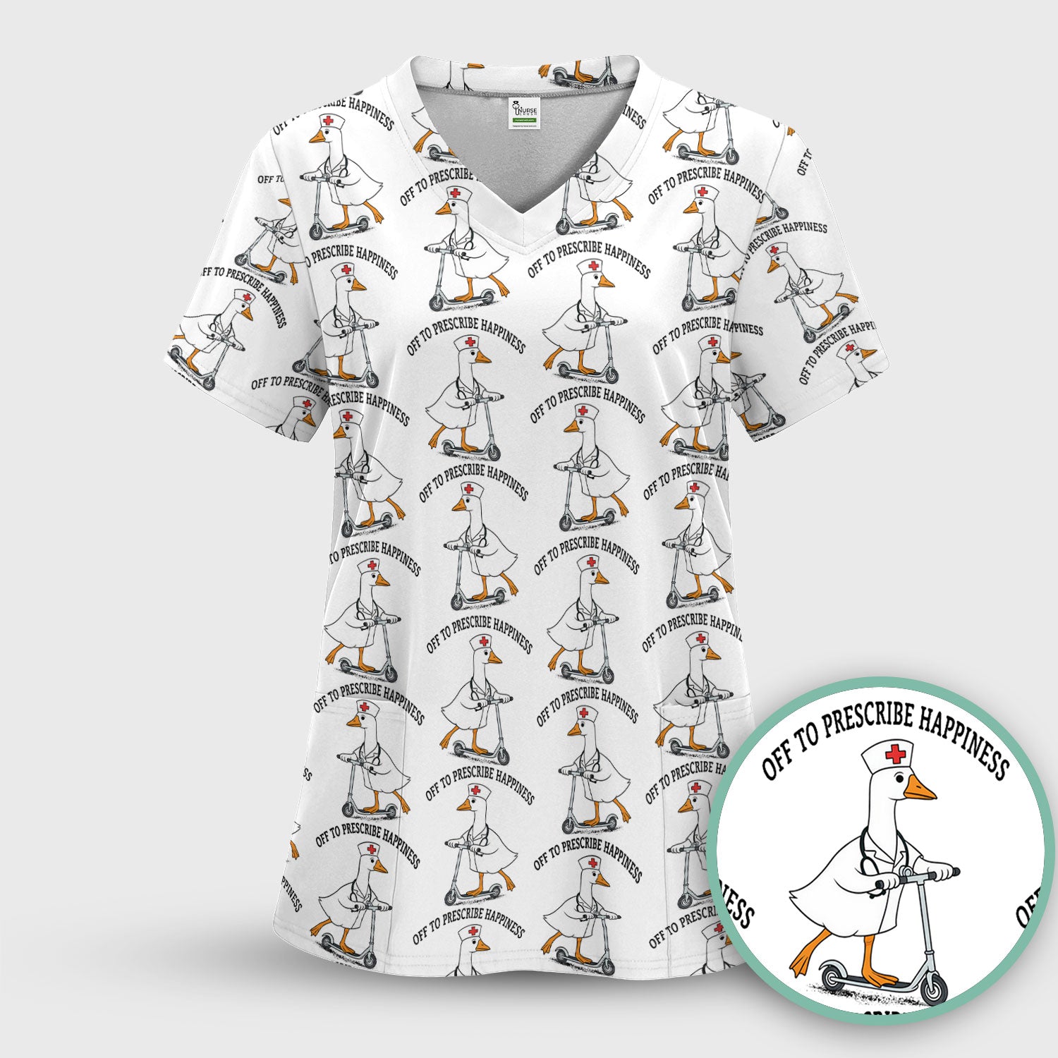 Nurse Goose Scooter Print Scrub Top, Breathable Fabrics Nursing Uniform