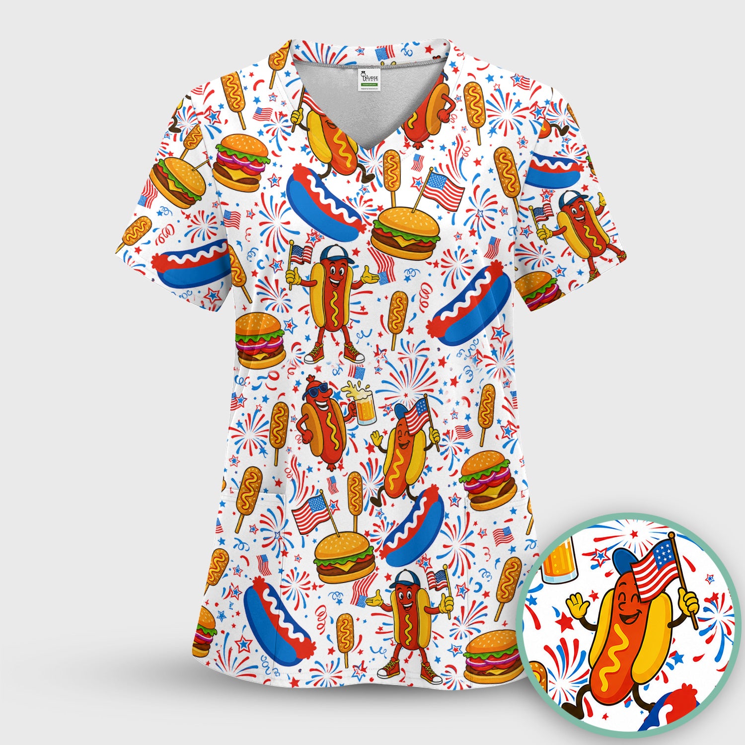 Patriotic Hot Dog Burger Fireworks Scrub Top, Comfortable Scrubs for Nurses
