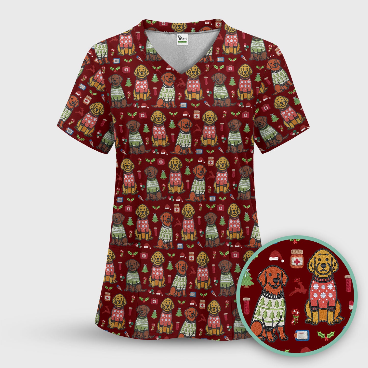 Golden Retriever Christmas Scrub Top, Cute Holiday Dog Nurse Pattern Shirt, Breathable Fabrics Nursing Uniform