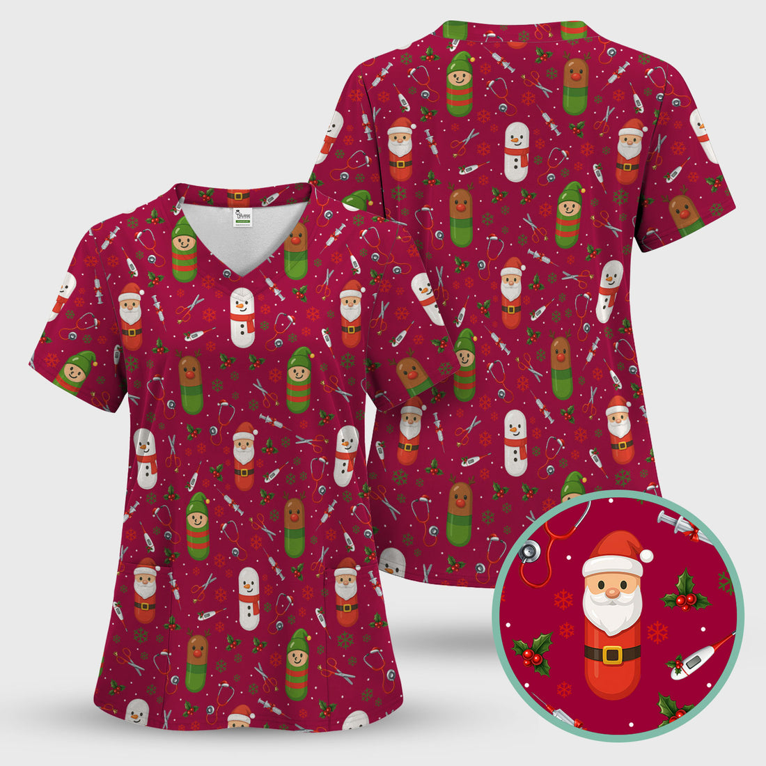 Santa Christmas Scrubs Set - Fun Holiday Pattern with Reindeer and Snowman - Cute Medical Scrub Top and Pants for Nurses