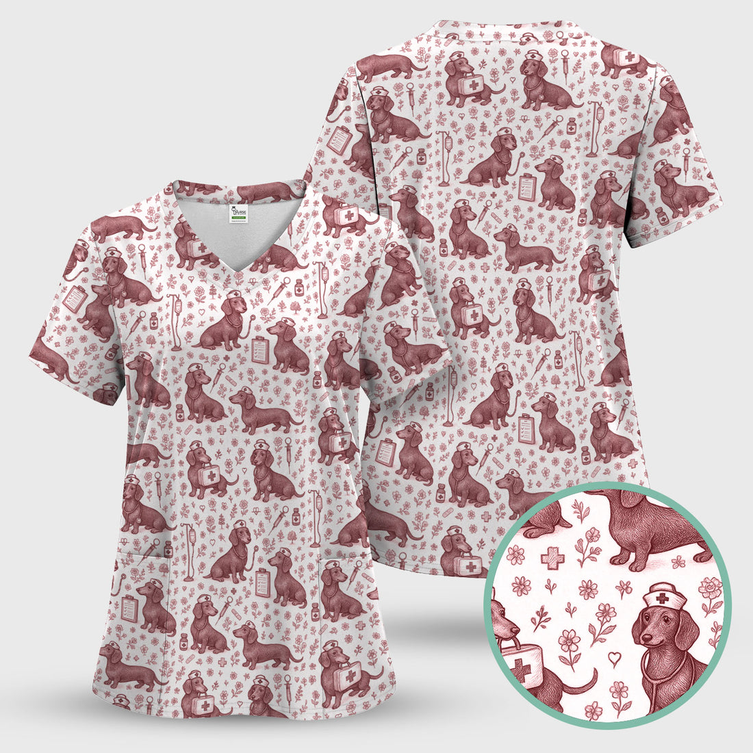 Dachshund Nurse Scrub Top - Cute Dog Pattern Scrubs for Women - Funny Medical Shirt with Vintage Line Art Design