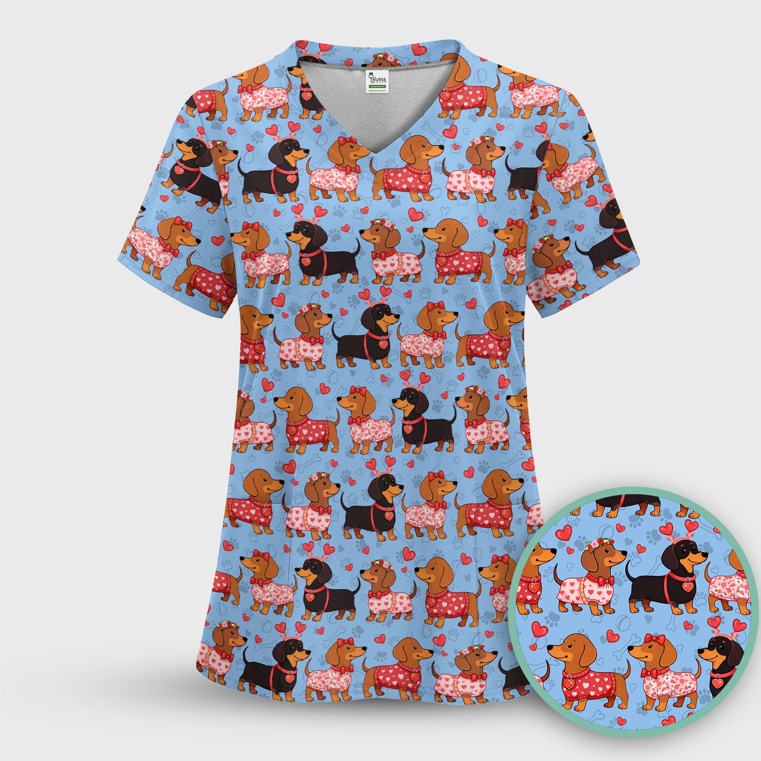 Valentine Dachshund Scrub Top, Wiener Dog Love Pattern Nurse Shirt, Breathable Fabrics Nursing Uniform