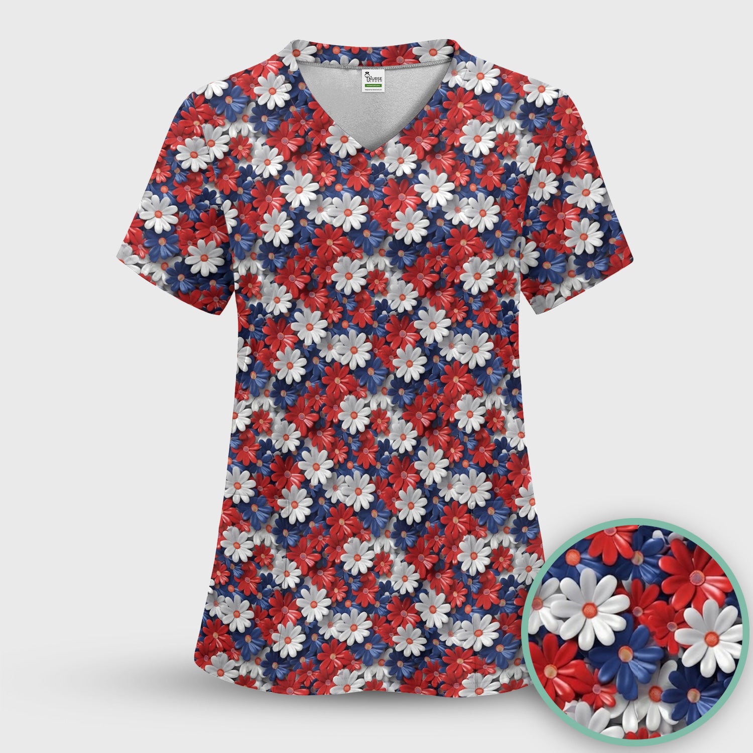 Festive Patriotic Daisy Bloom Pattern Scrub Set, Scrub Pants and V Neck Top
