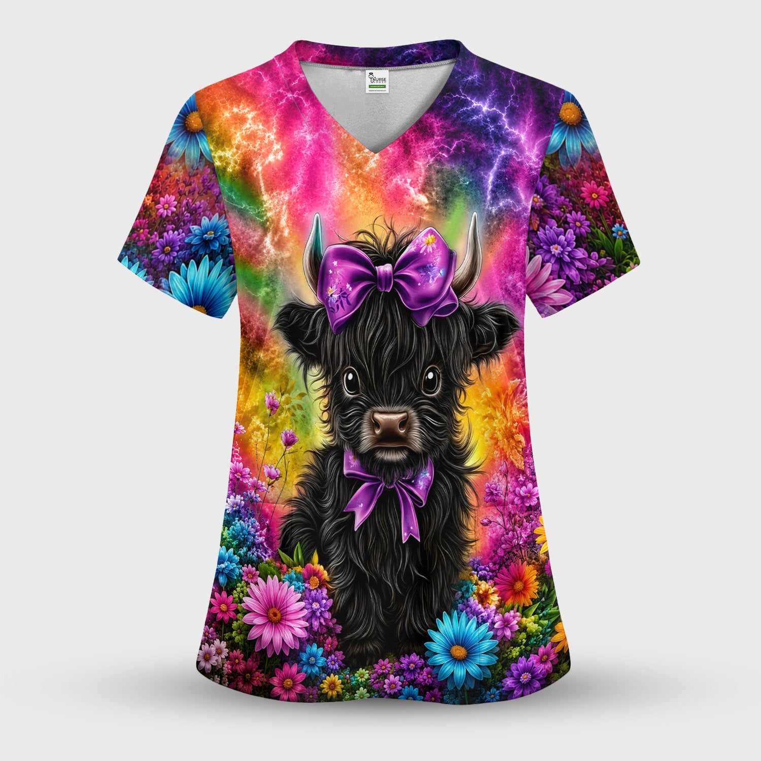 Cute Highland Cow Rainbow Floral Pattern Scrub Set, Scrub Pants and V Neck Top