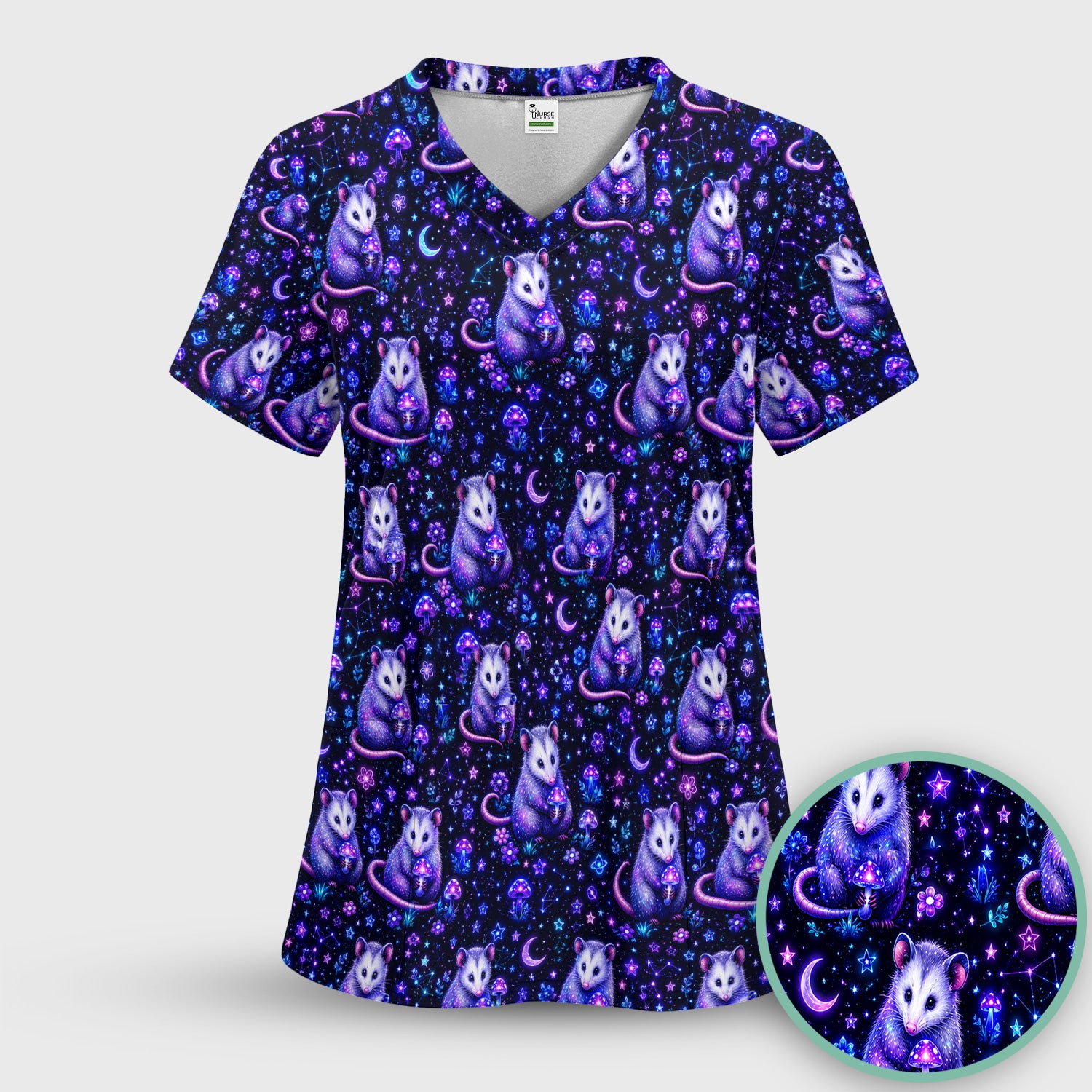 Neon Opossum Mushroom Galaxy Pattern Scrub Top, Comfortable Scrubs for Nurses