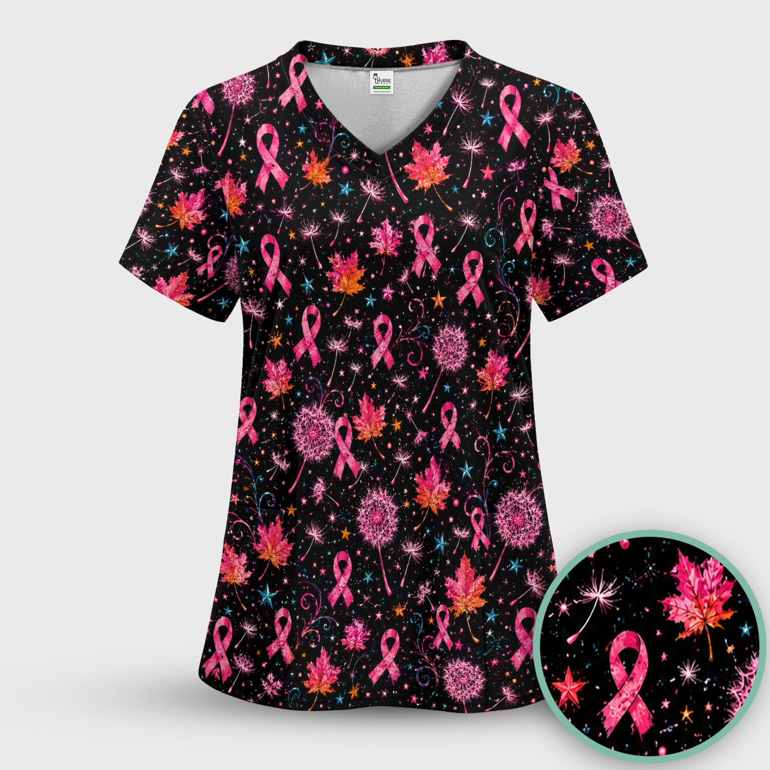 Breast Cancer Awareness Pink Ribbon Fall Scrub Set, Scrub Pants and V Neck Top