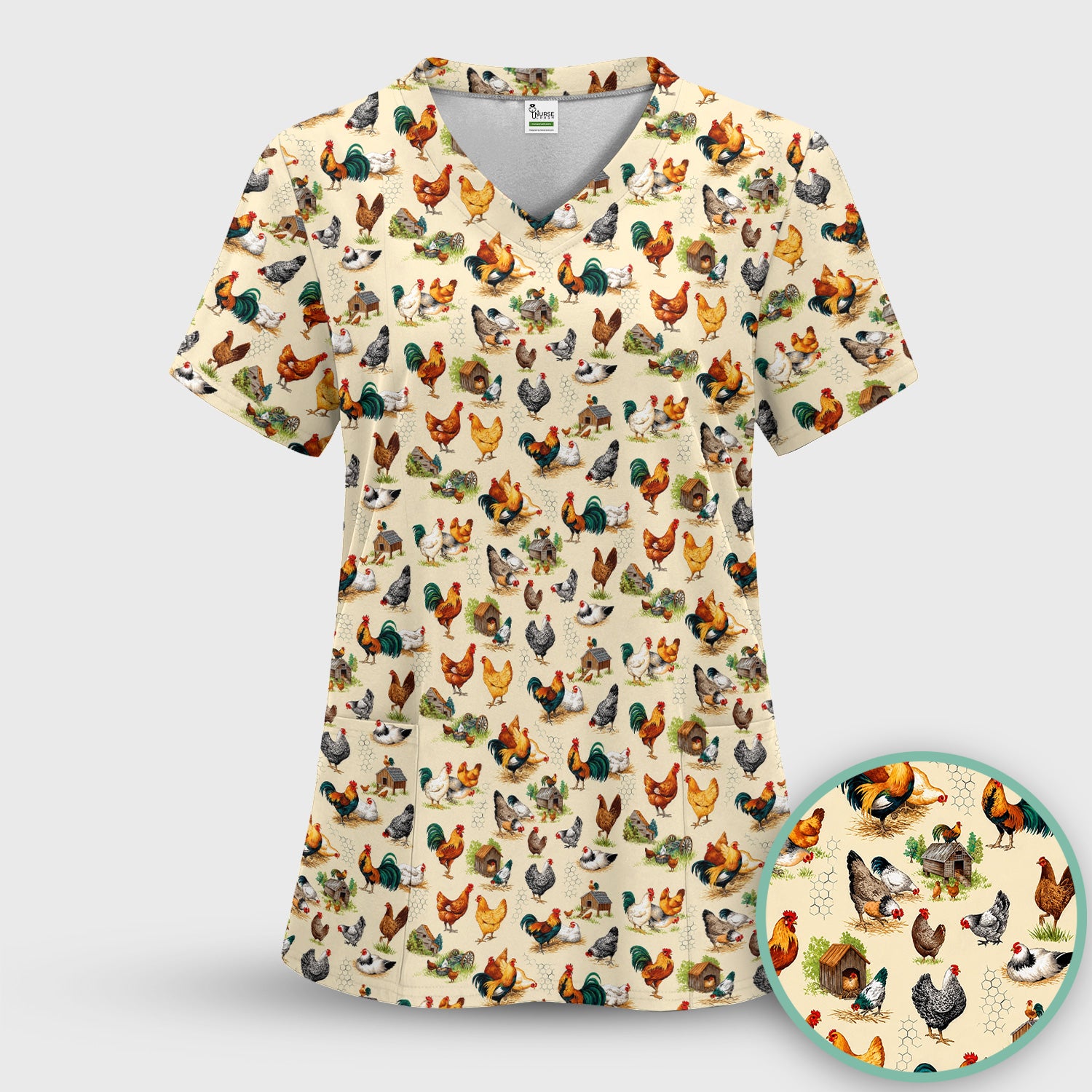 Farm Chicken Rooster Coop Pattern Scrub Top, Comfortable Scrubs for Nurses