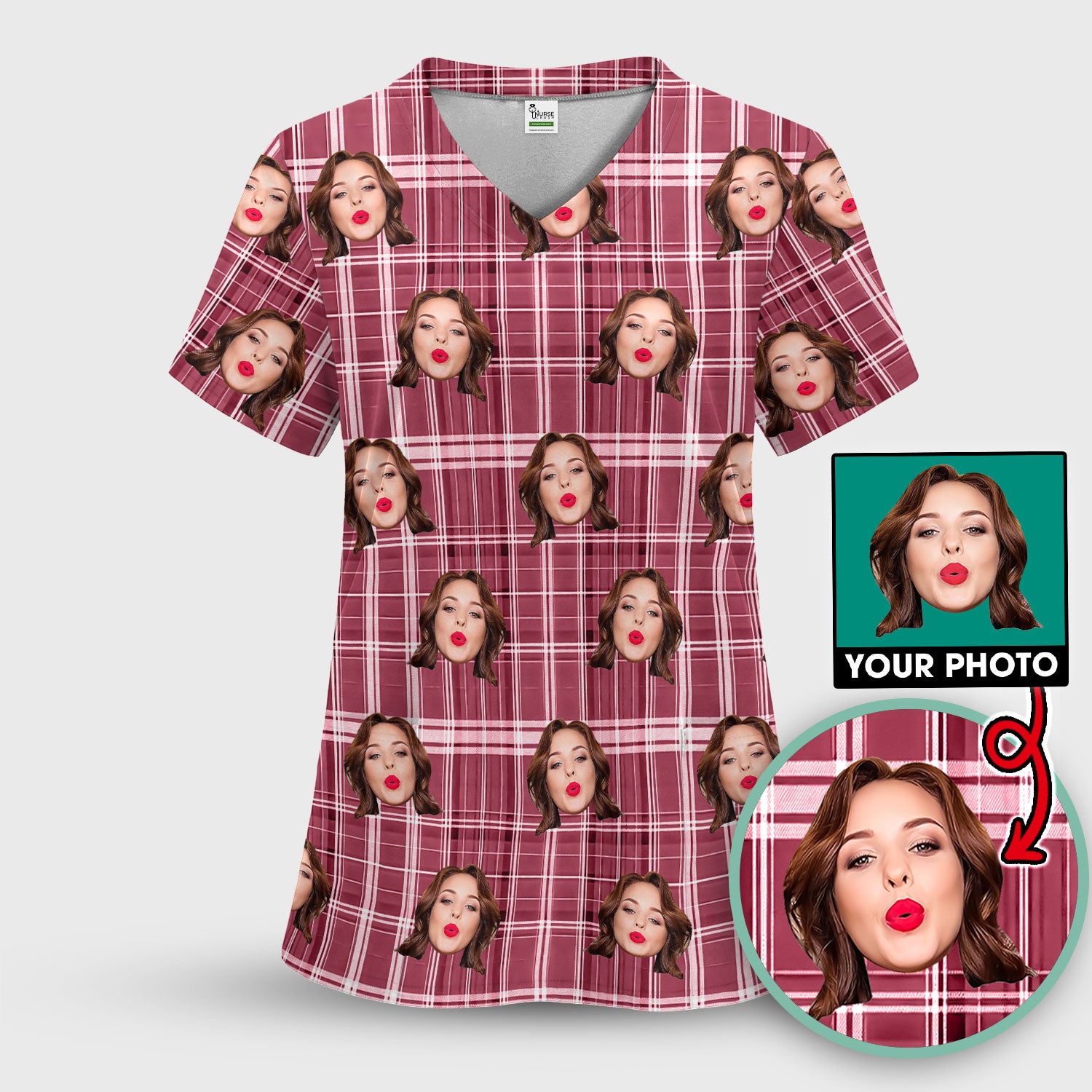Personalized Funny Face Plaid Scrub Top, Custom Photo Pattern Medical Shirt, Breathable Fabrics Nursing Uniform