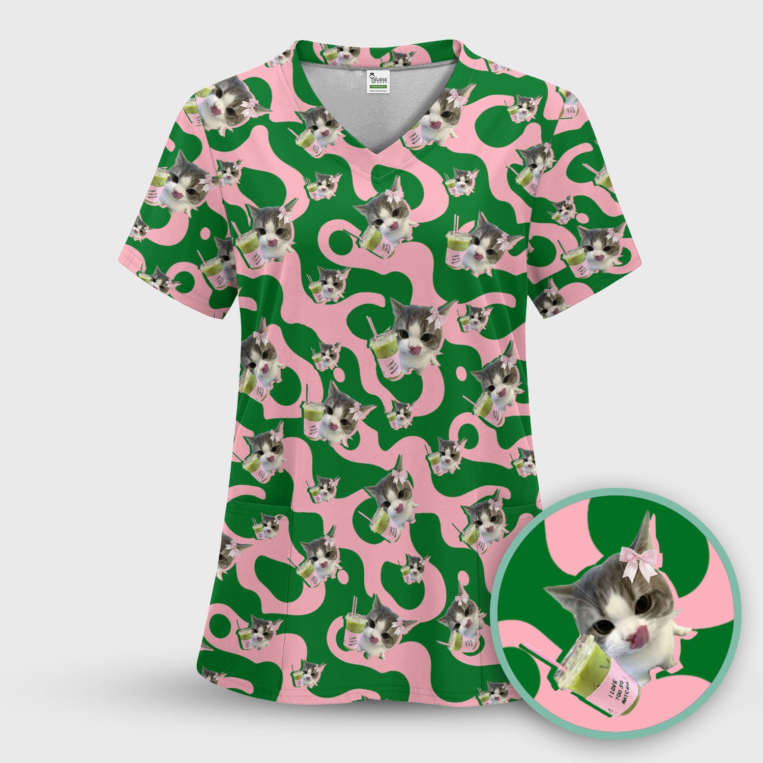 Cute Cat Matcha Nurse Scrub Top, Funny Cat I Love Matcha Medical Shirt,  Breathable Fabrics Nursing Uniform
