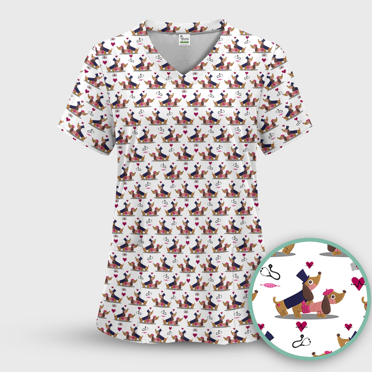 Cute Dachshund Valentine Nurse Scrub Top - Funny Gift for Women