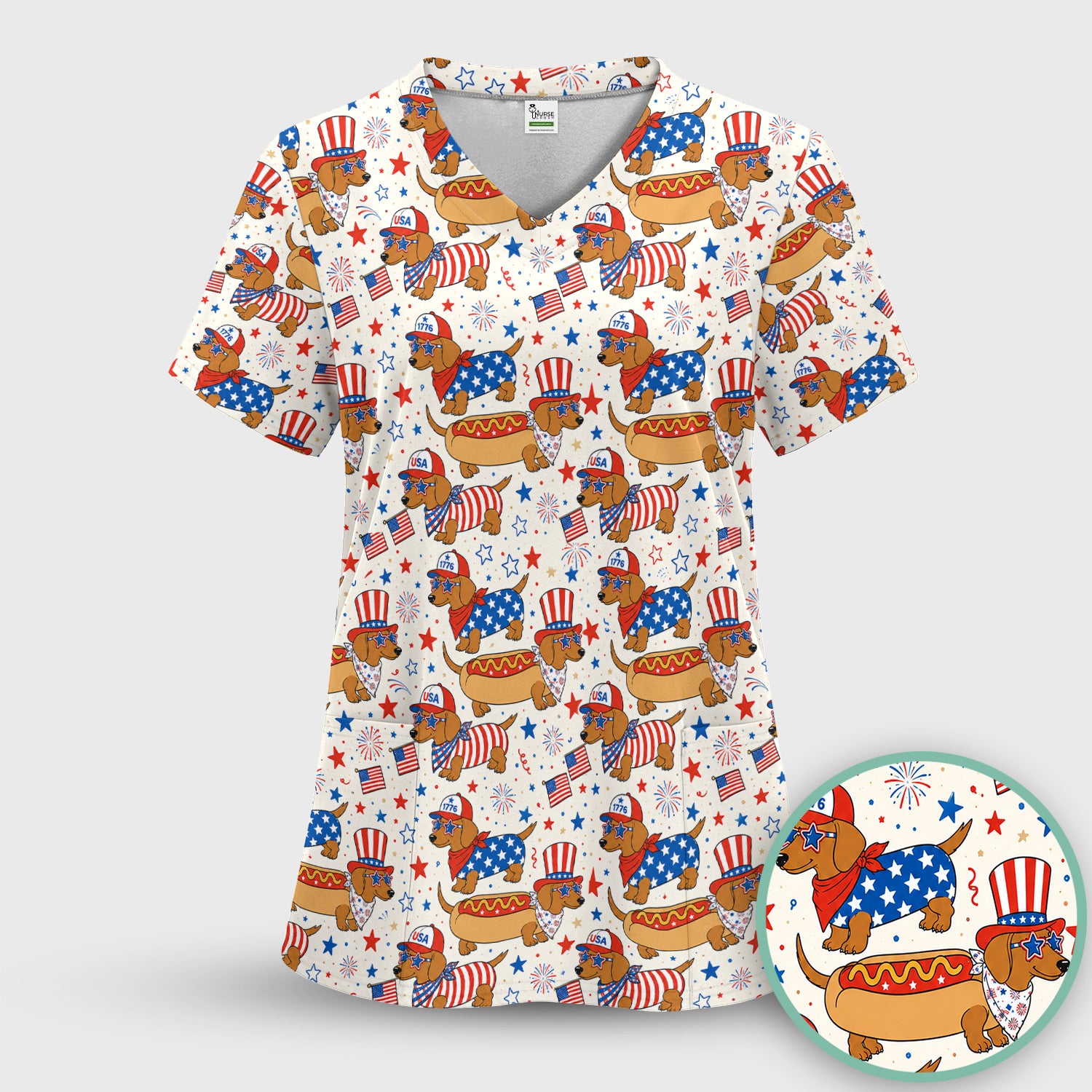 Patriotic Dachshund Fourth Of July Scrub Set, Scrub Pants and V Neck Top