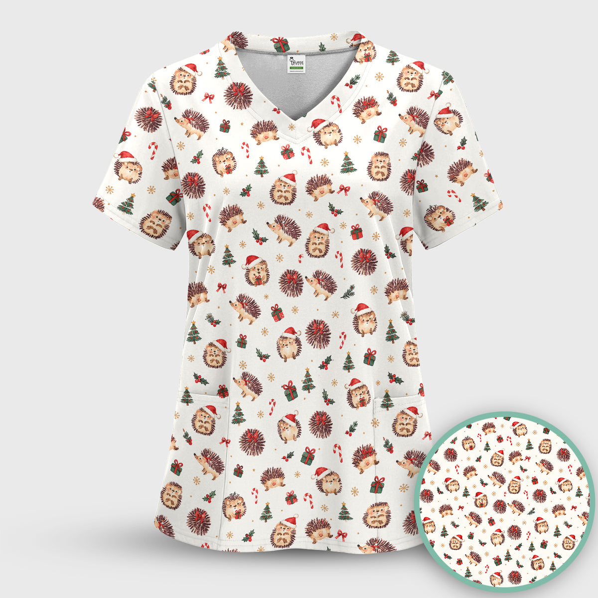 Christmas Hedgehogs And Gifts Scrub Set, Scrub Pants and V Neck Top