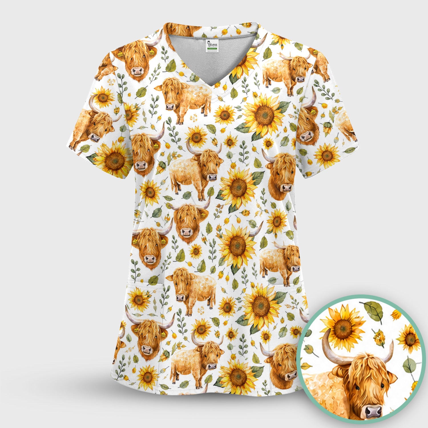 Highland Cow Sunflower Pattern Scrub Top, Comfortable Scrubs for Nurses