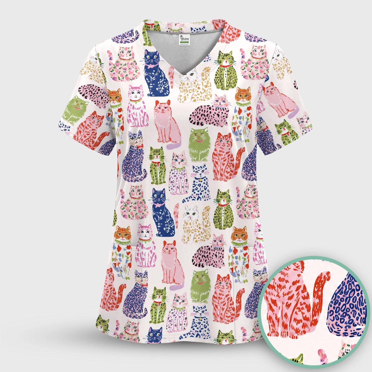 Colorful Cat with Playful Pet Scrub Set, Scrub Pants and V Neck Top