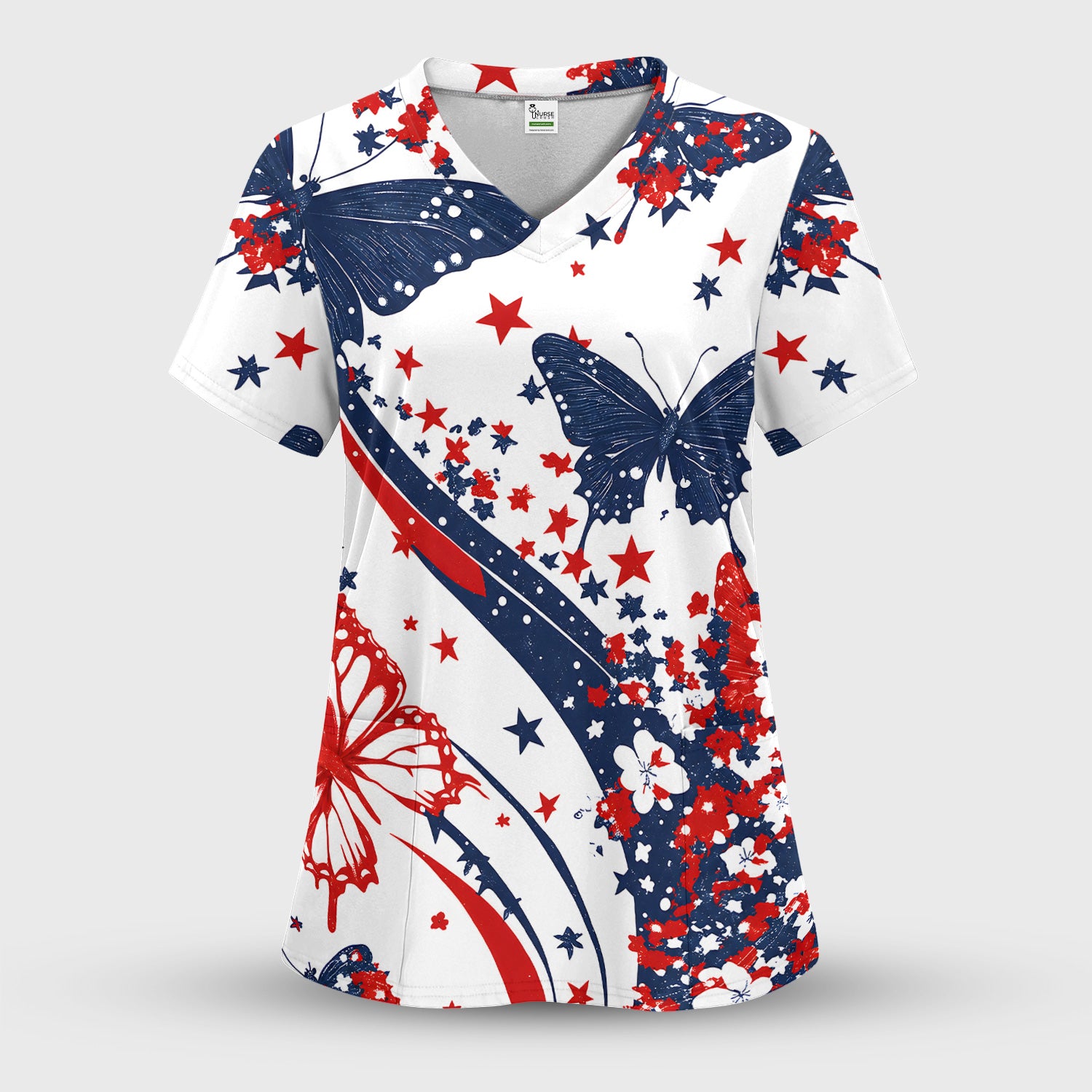 Patriotic Butterfly with Red White Blue Stars Scrub Top, Comfortable Scrubs for Nurses