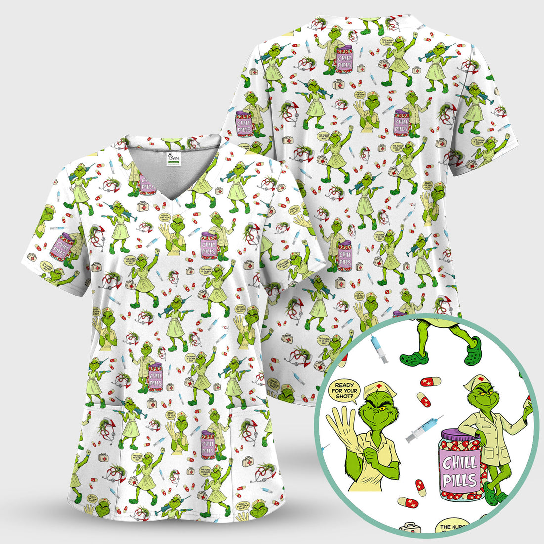 Grinch Nurse Scrub Shirt Multi Colors - Funny Chill Pills Scrub Top - Christmas Nursing Work Shirt with Pockets for Women