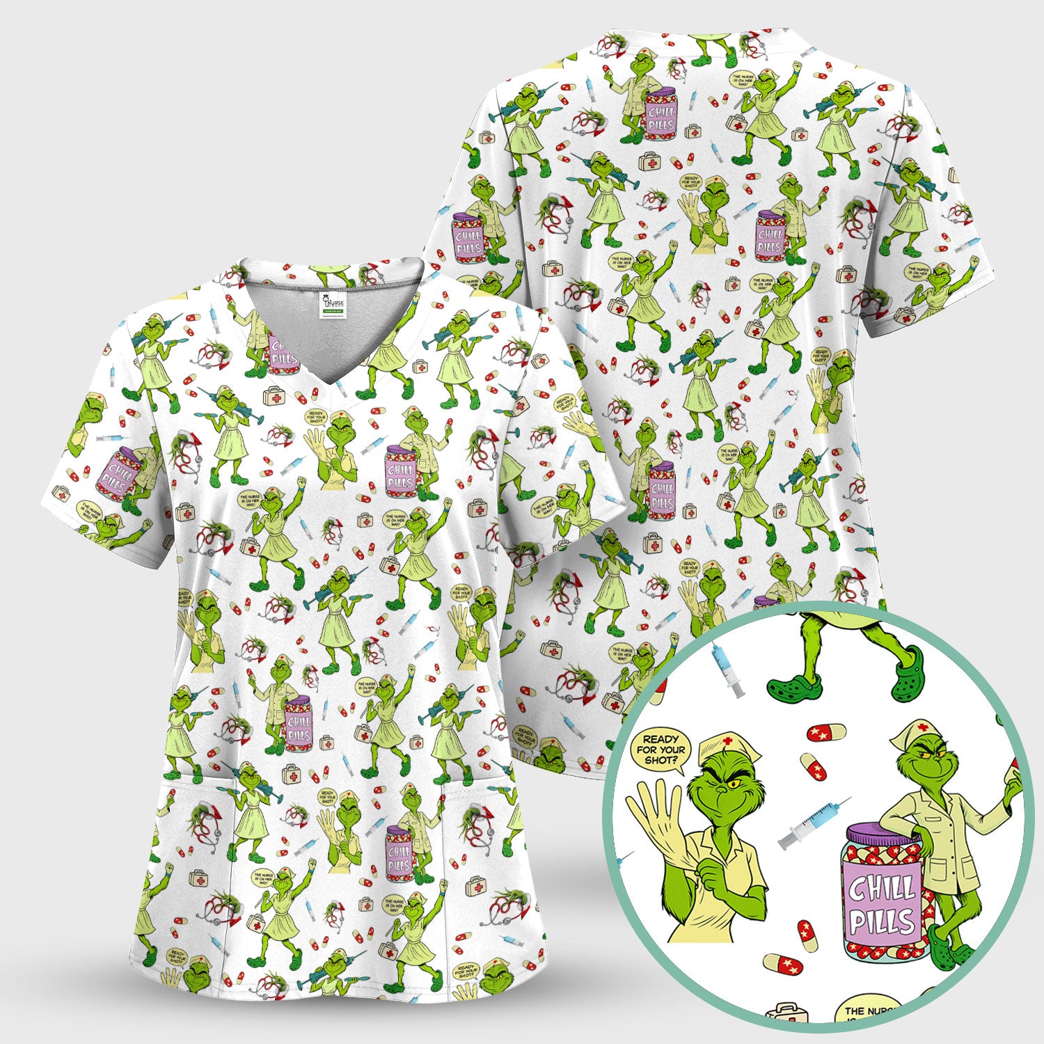Grinch Nurse Scrub Shirt Multi Colors - Funny Chill Pills Scrub Top - Christmas Nursing Work Shirt with Pockets for Women