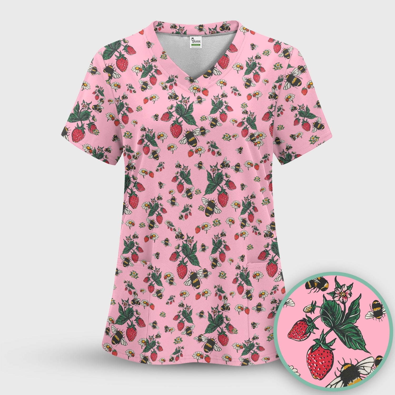 Cute Strawberry Bee Daisy Floral Pattern Scrub Set, Scrub Pants and V Neck Top