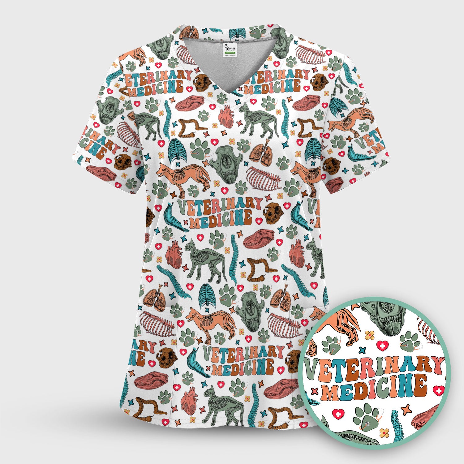 Veterinary Medicine Scrub Top - Cute Animal Anatomy Pattern Medical Shirt - Fun Vet Tech Nurse Scrubs for Women