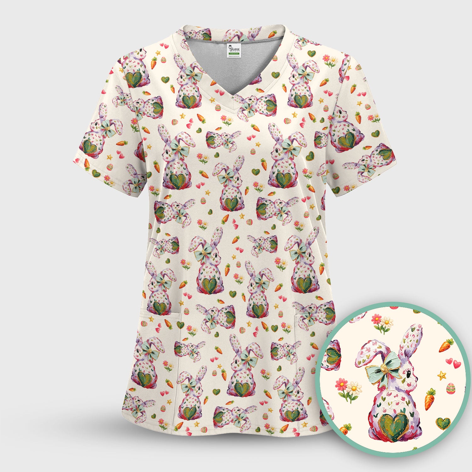 Cute Pastel Bunny Easter Pattern Scrub Top, Comfortable Scrubs for Nurses