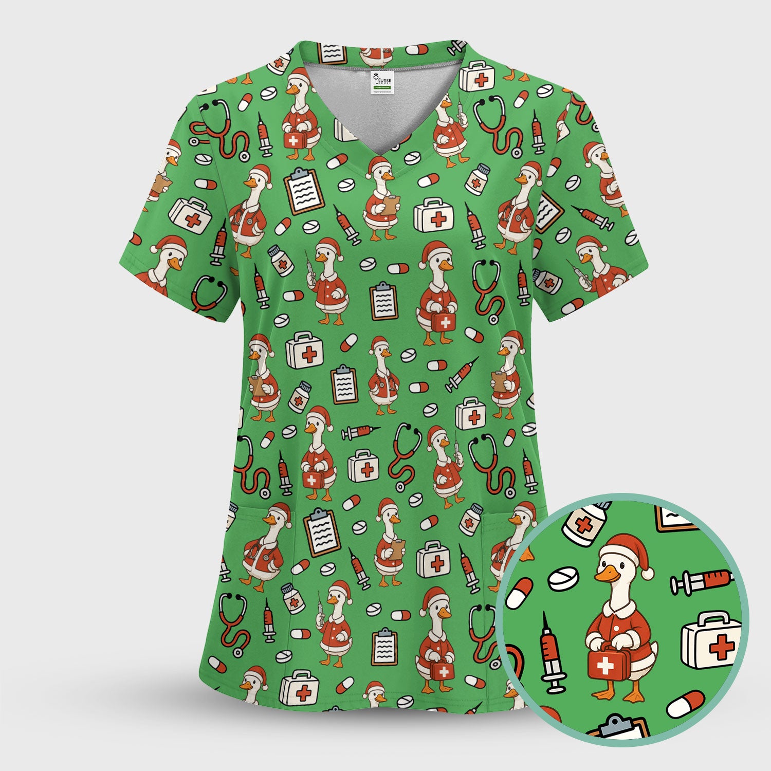 Santa Duck Nurse Scrubs - Christmas Print Medical Shirt for Women Men - Funny Holiday Scrub Top for RN CNA Doctor, Cute Xmas Gift
