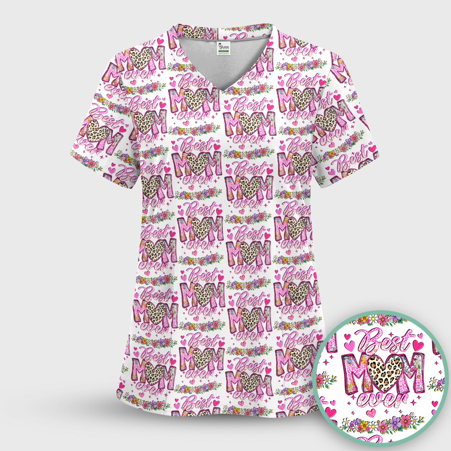 Best Mom Ever Leopard Heart Floral Pattern Scrub Set, Nurse Uniform Scrubs Set