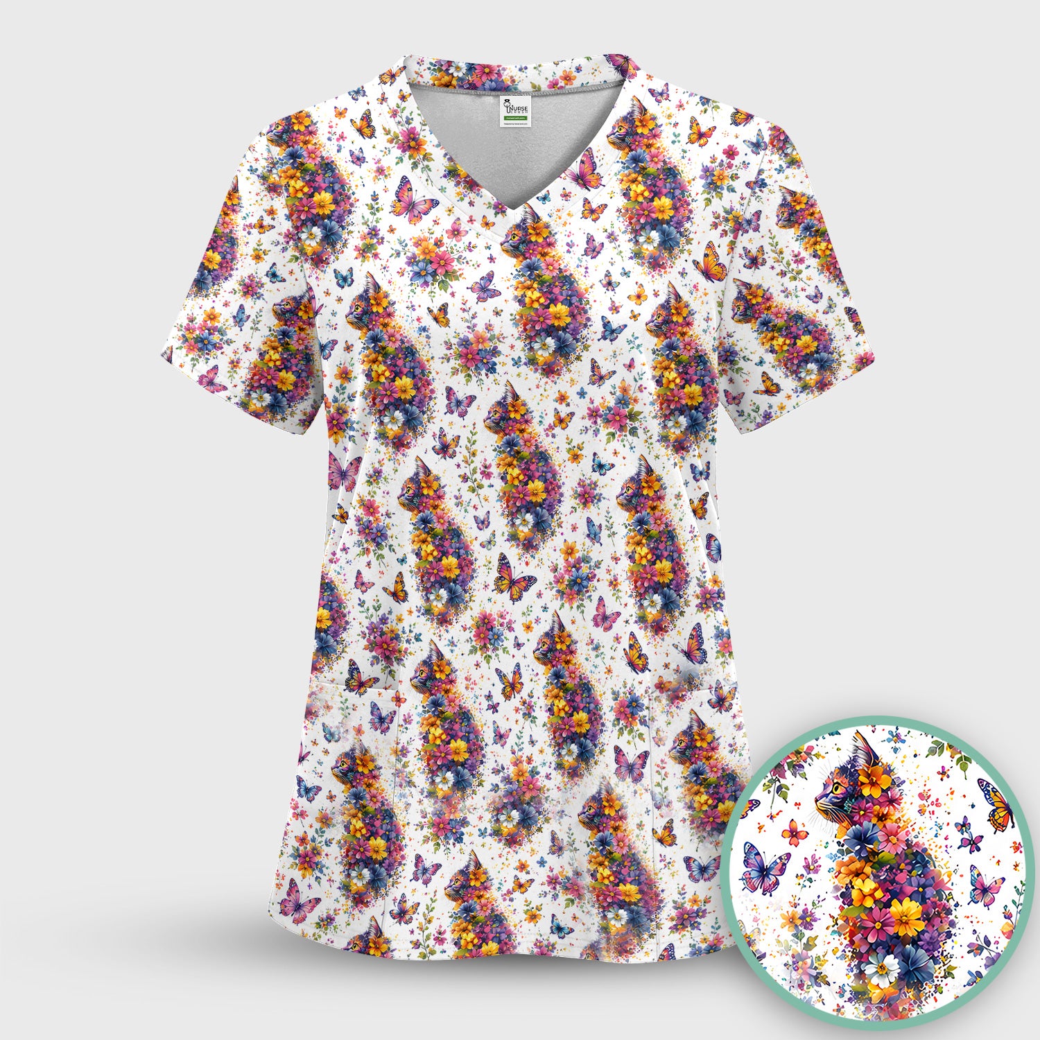 Cute Floral Cat With Butterfly Pattern Scrub Top, Comfortable Scrubs for Nurses