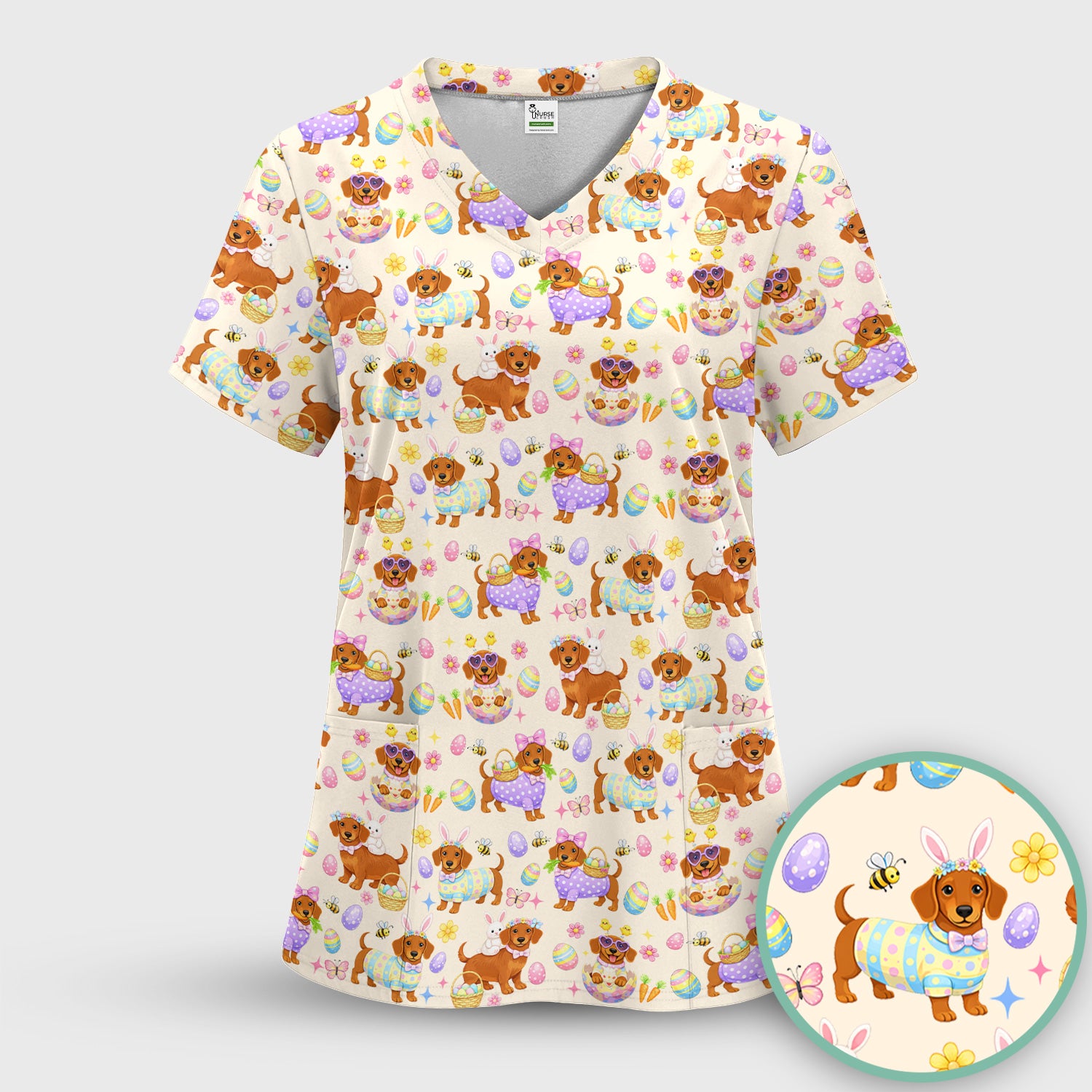Cute Easter Dachshund Dog Pattern Scrub Top, Breathable Healthcare Uniform Top